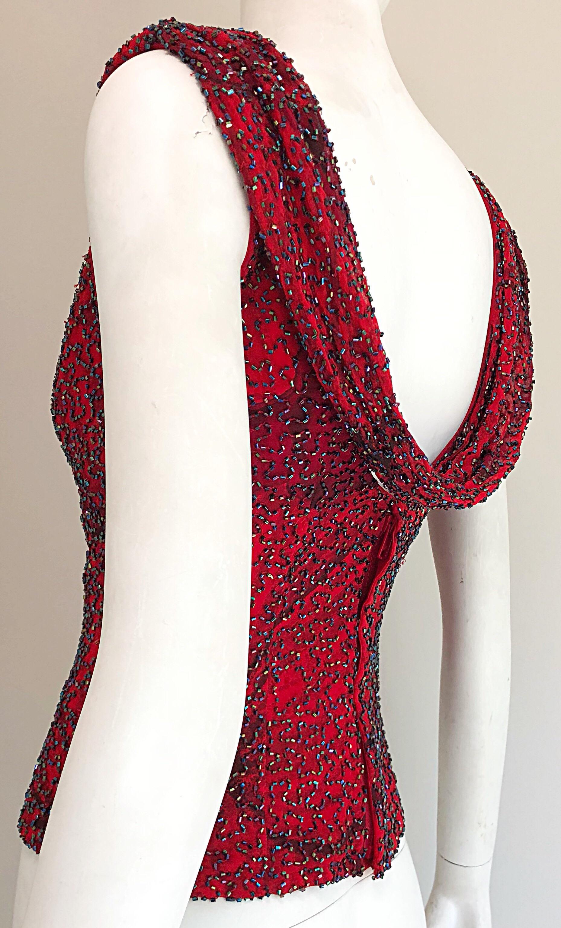 Beautiful 1990s Andretta Donatello Red Silk Abstract Fully Beaded Vintage Top 1