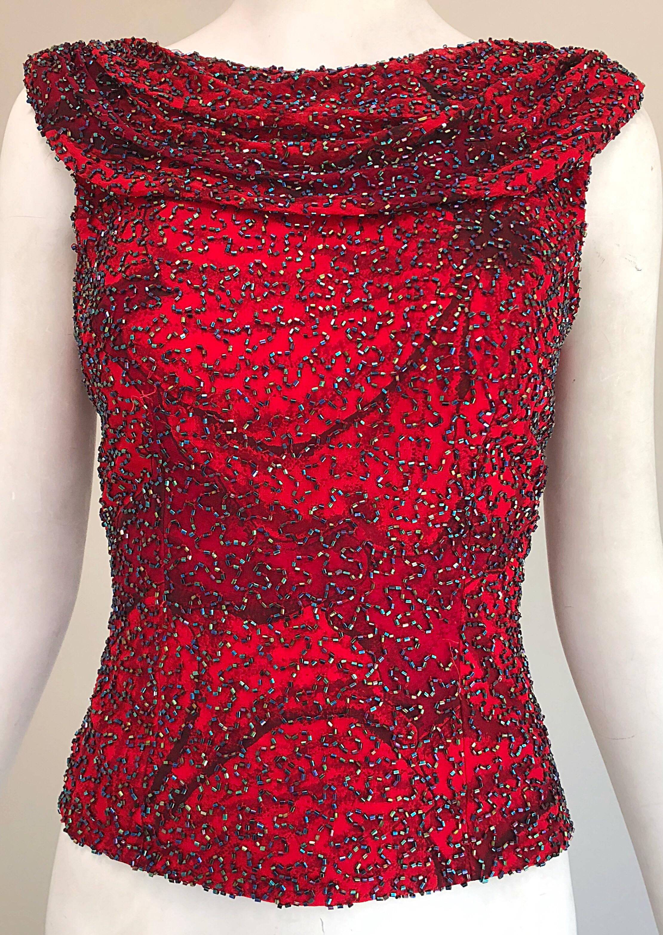 Beautiful 1990s Andretta Donatello Red Silk Abstract Fully Beaded Vintage Top 2