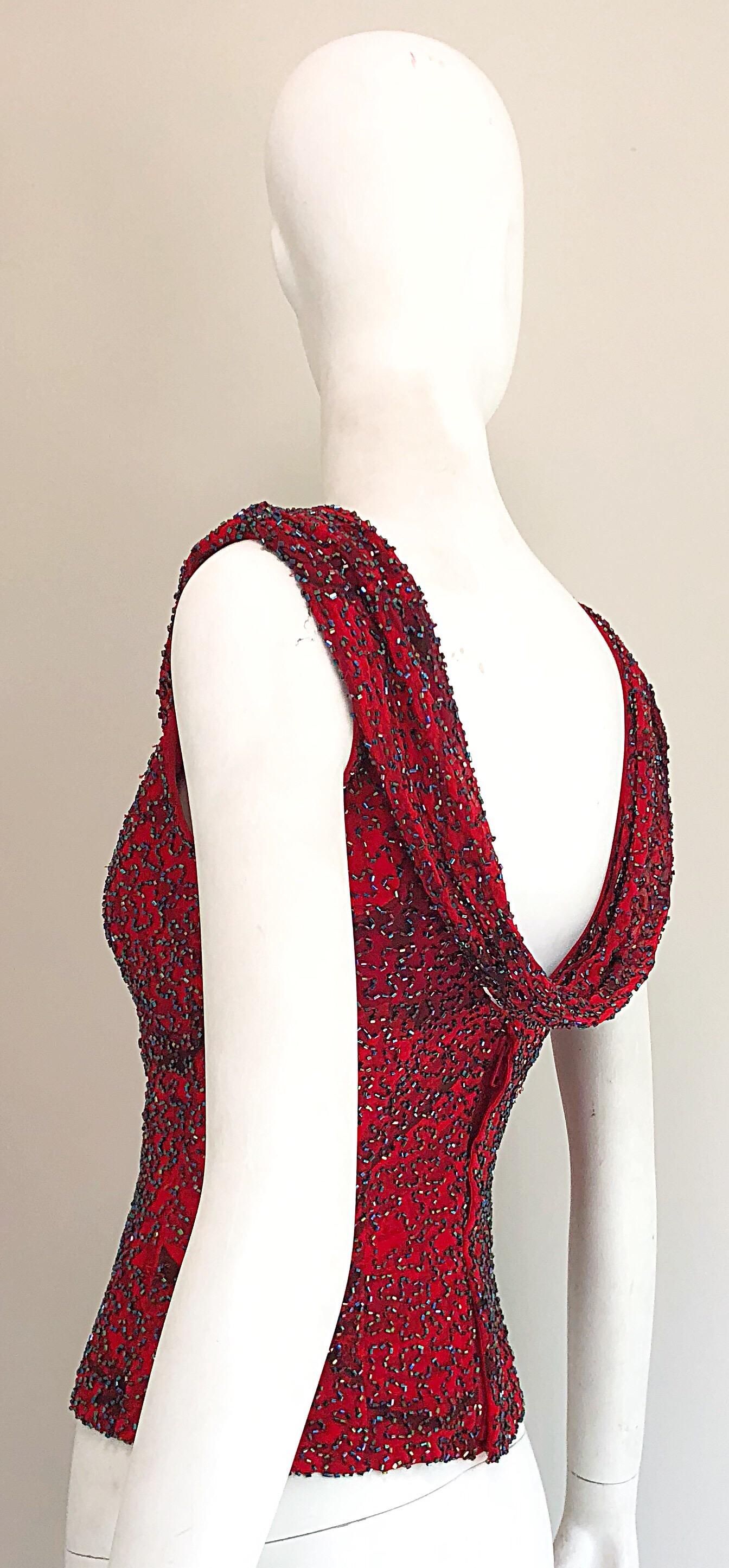 Beautiful 1990s Andretta Donatello Red Silk Abstract Fully Beaded Vintage Top 3