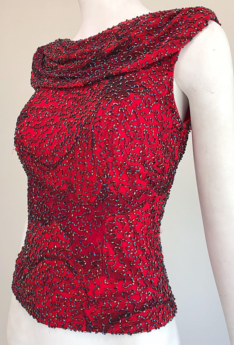 Beautiful 1990s Andretta Donatello Red Silk Abstract Fully Beaded Vintage  Top For Sale at 1stDibs