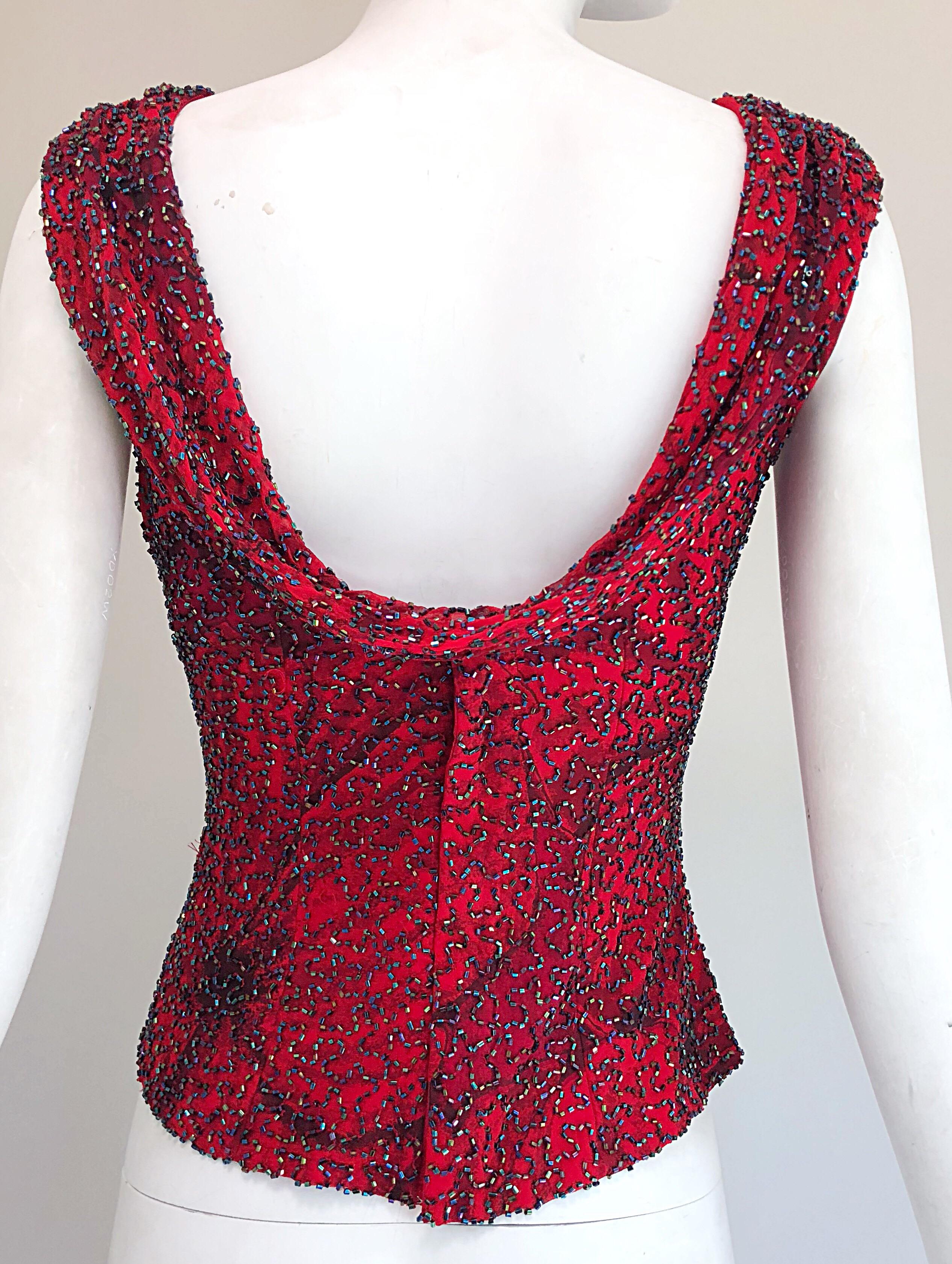 Beautiful 1990s Andretta Donatello Red Silk Abstract Fully Beaded Vintage Top 5
