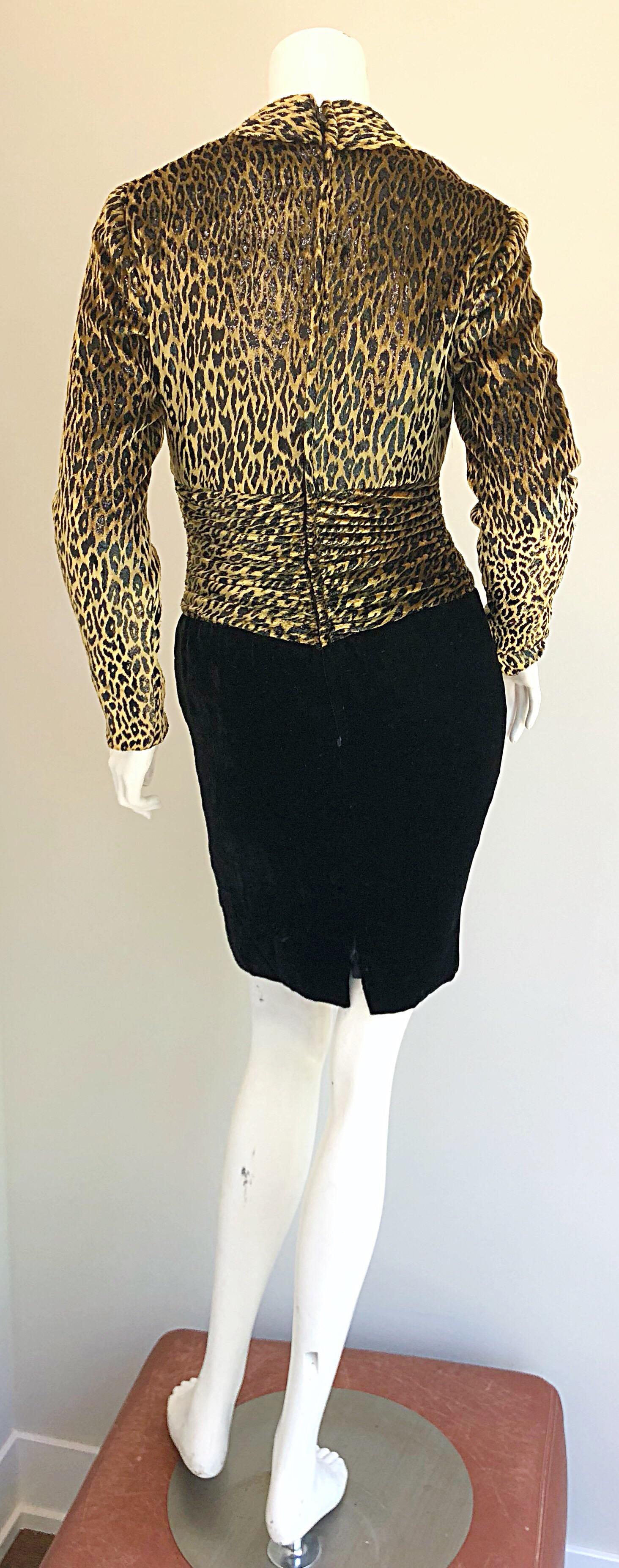 Vintage Vicky Tiel Couture Black Velvet Lurex Leopard Cheetah Print Mini Dress In Excellent Condition For Sale In San Diego, CA