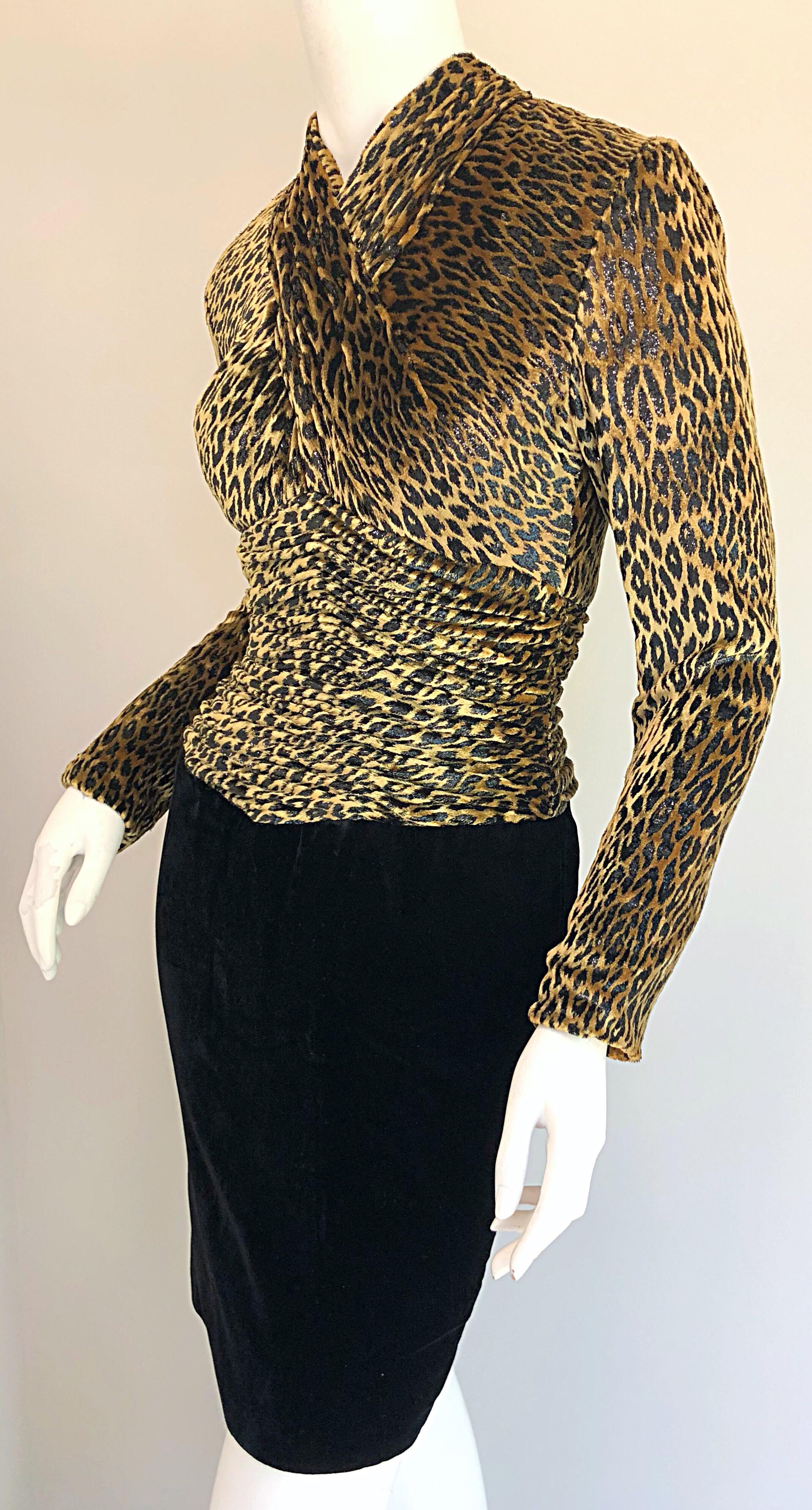 Women's Vintage Vicky Tiel Couture Black Velvet Lurex Leopard Cheetah Print Mini Dress For Sale