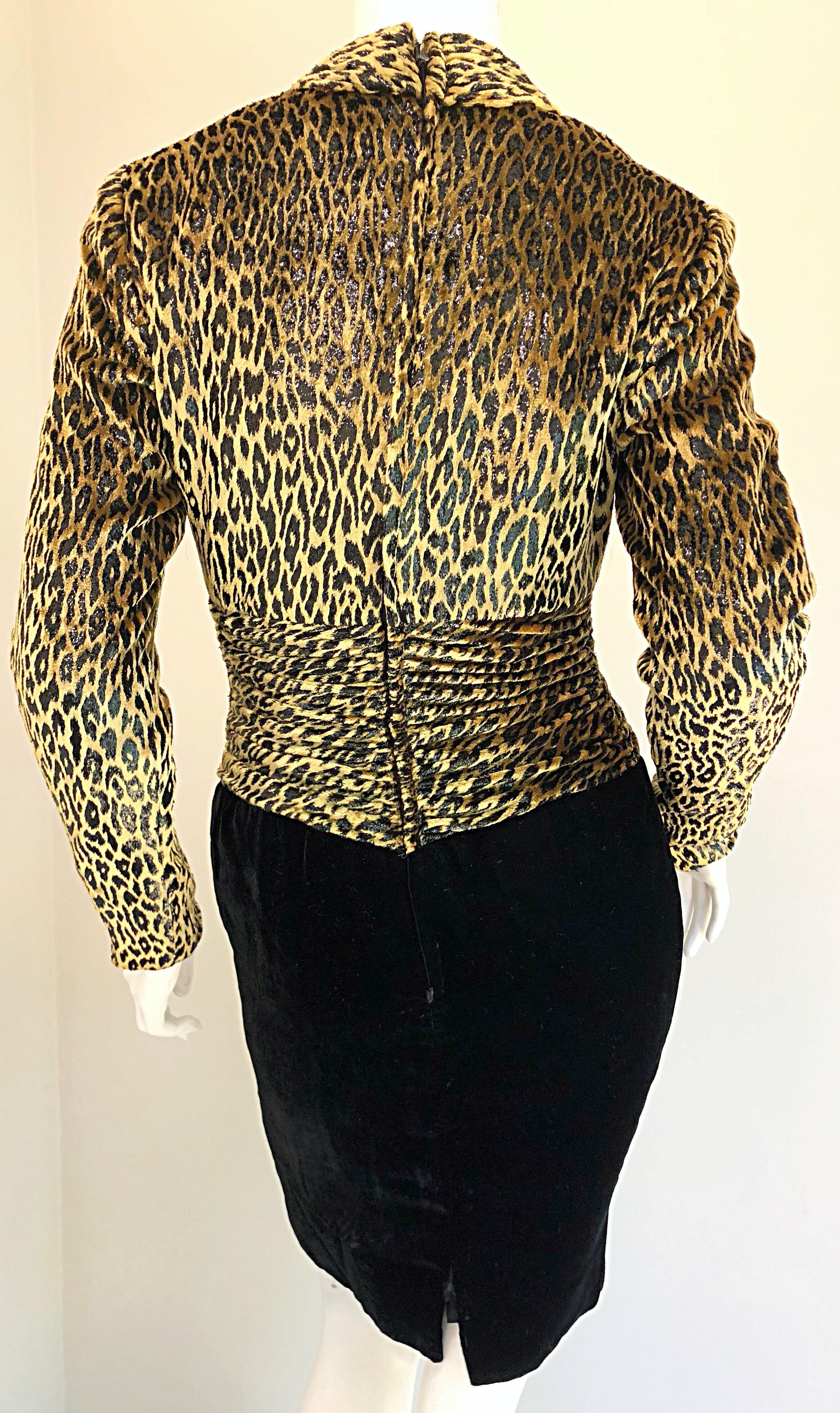 Vintage Vicky Tiel Couture Black Velvet Lurex Leopard Cheetah Print Mini Dress For Sale 1