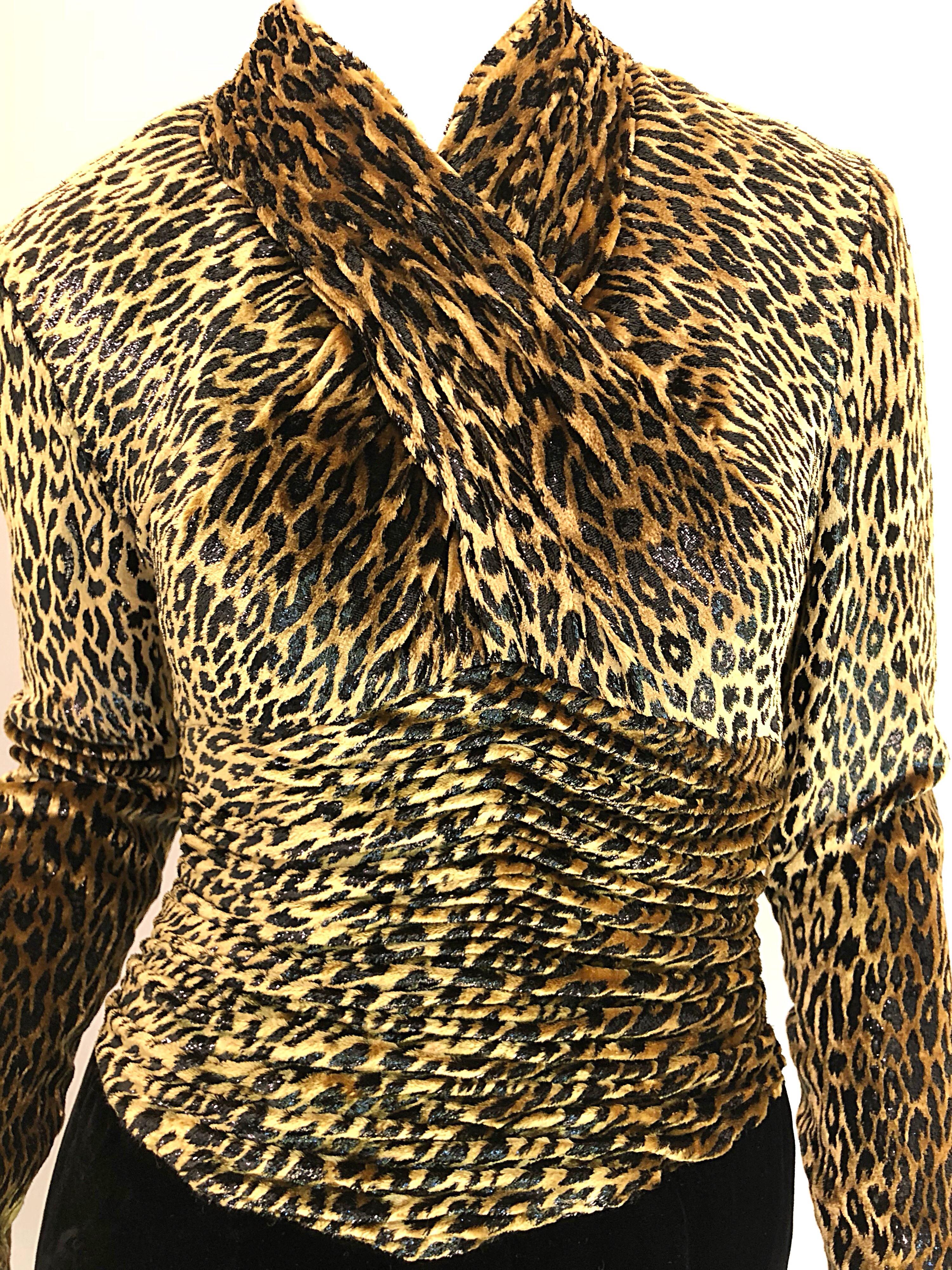 Vintage Vicky Tiel Couture Black Velvet Lurex Leopard Cheetah Print Mini Dress For Sale 2