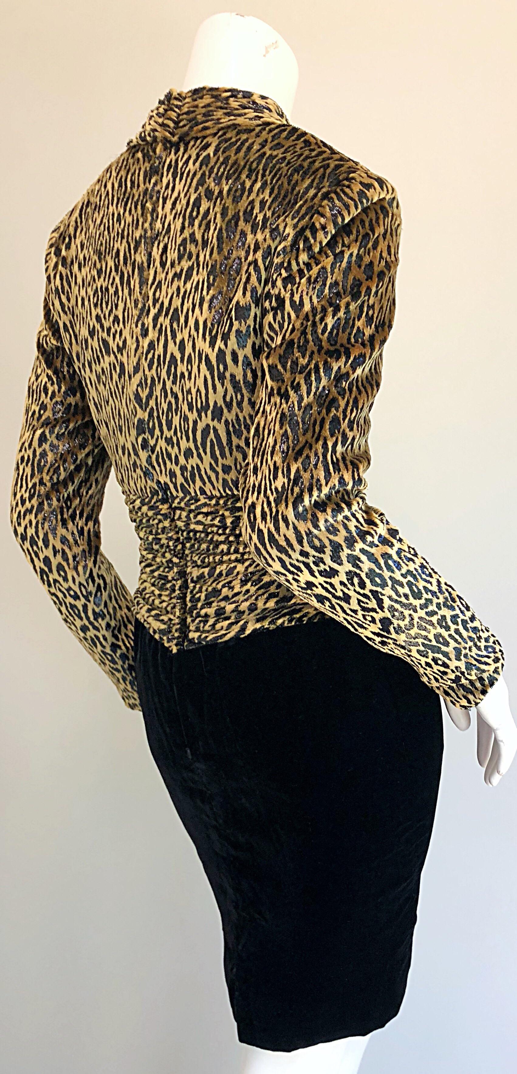 Vintage Vicky Tiel Couture Black Velvet Lurex Leopard Cheetah Print Mini Dress For Sale 3