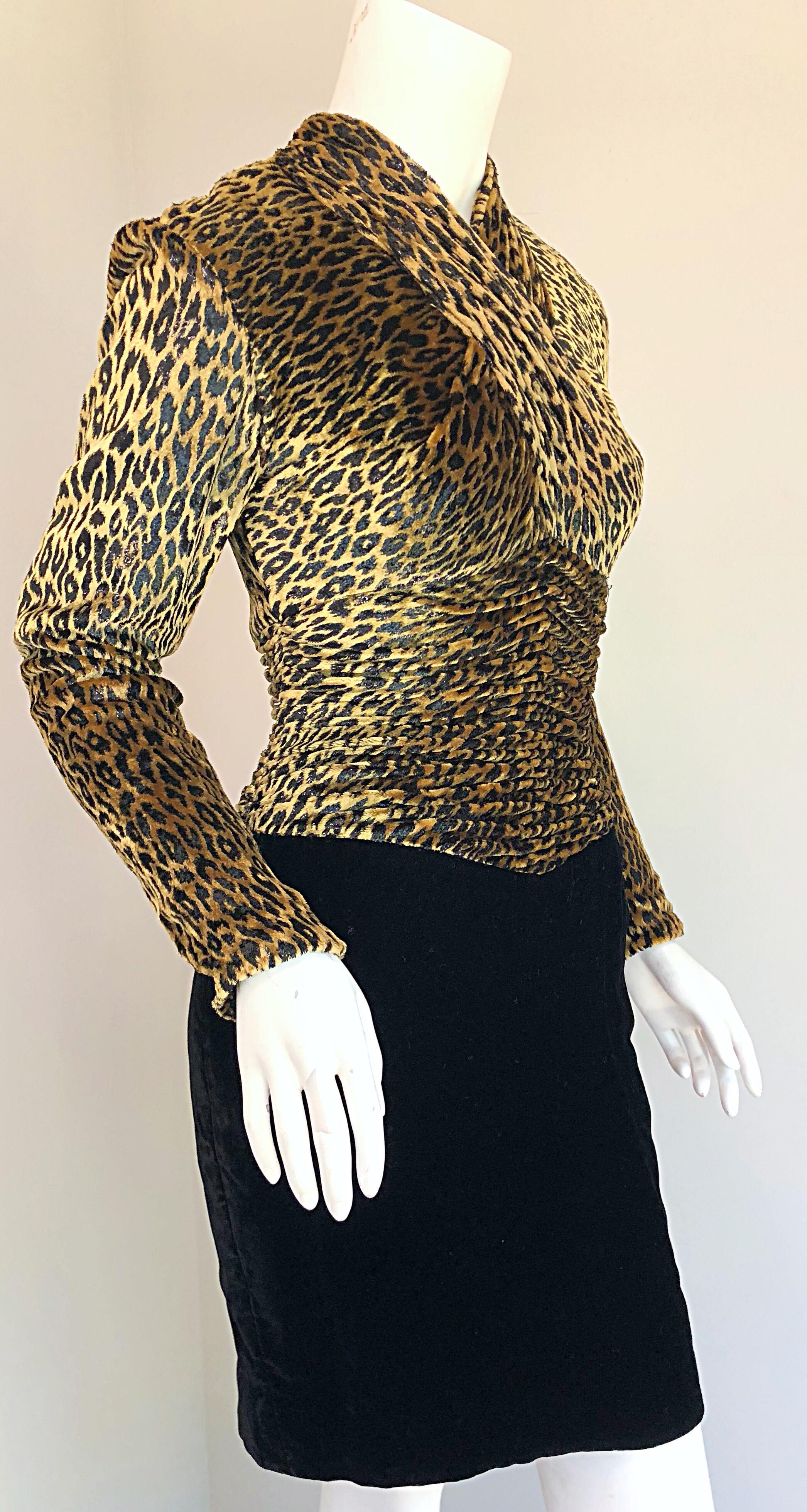 Vintage Vicky Tiel Couture Black Velvet Lurex Leopard Cheetah Print Mini Dress For Sale 4