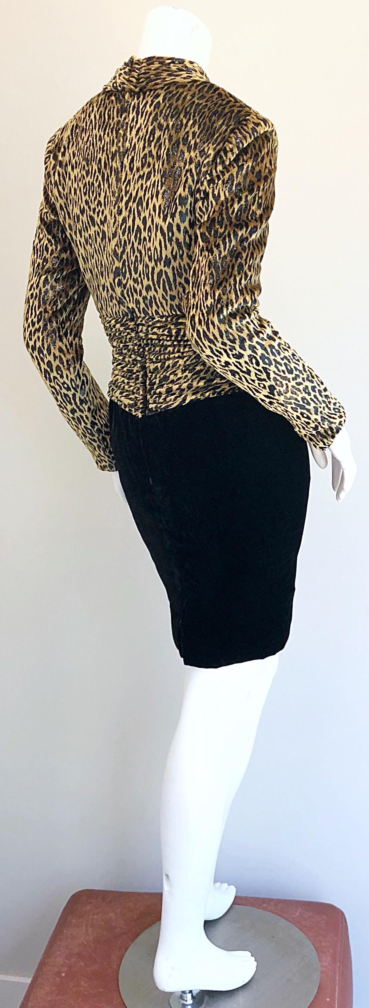 Vintage Vicky Tiel Couture Black Velvet Lurex Leopard Cheetah Print Mini Dress For Sale 5