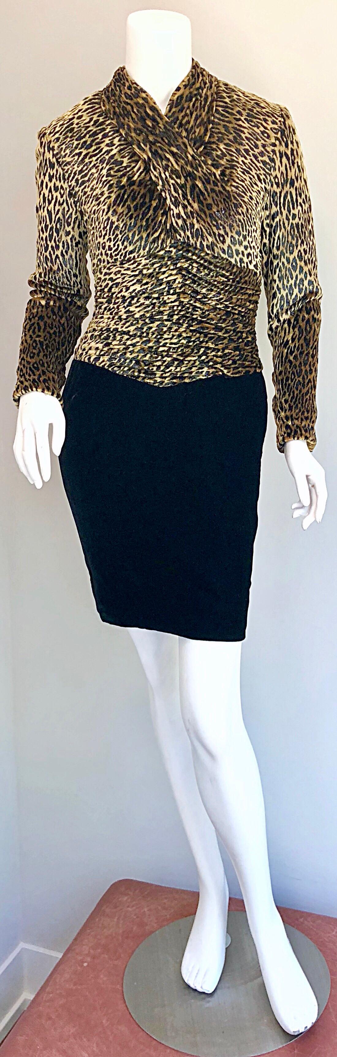 Vintage Vicky Tiel Couture Black Velvet Lurex Leopard Cheetah Print Mini Dress For Sale 8