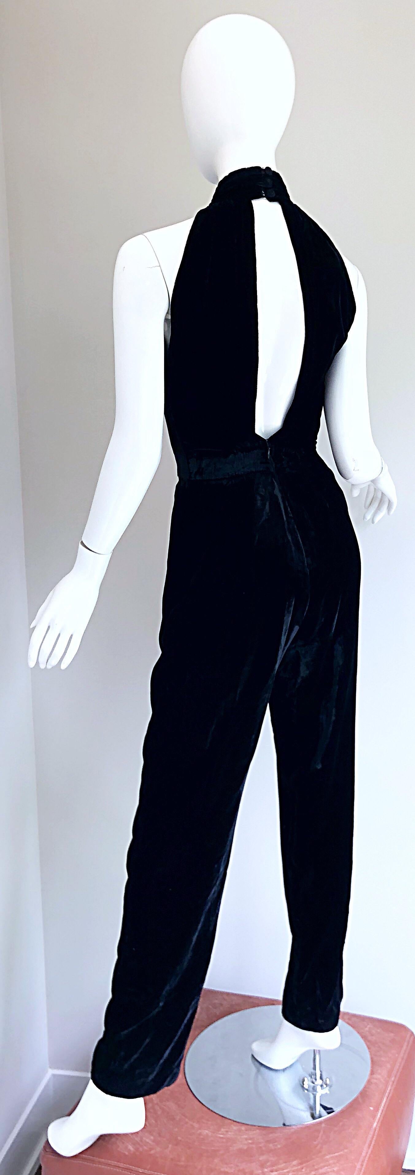 Amazing 1990s Black Silk Velvet Open Back Vintage 90s One Piece Jumpsuit In Excellent Condition In San Diego, CA