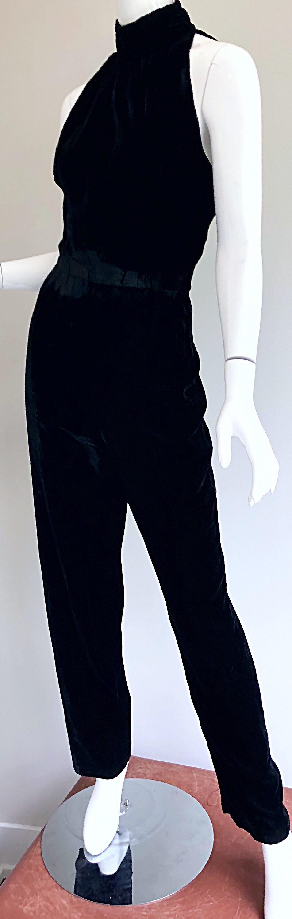 Amazing 1990s Black Silk Velvet Open Back Vintage 90s One Piece Jumpsuit 1