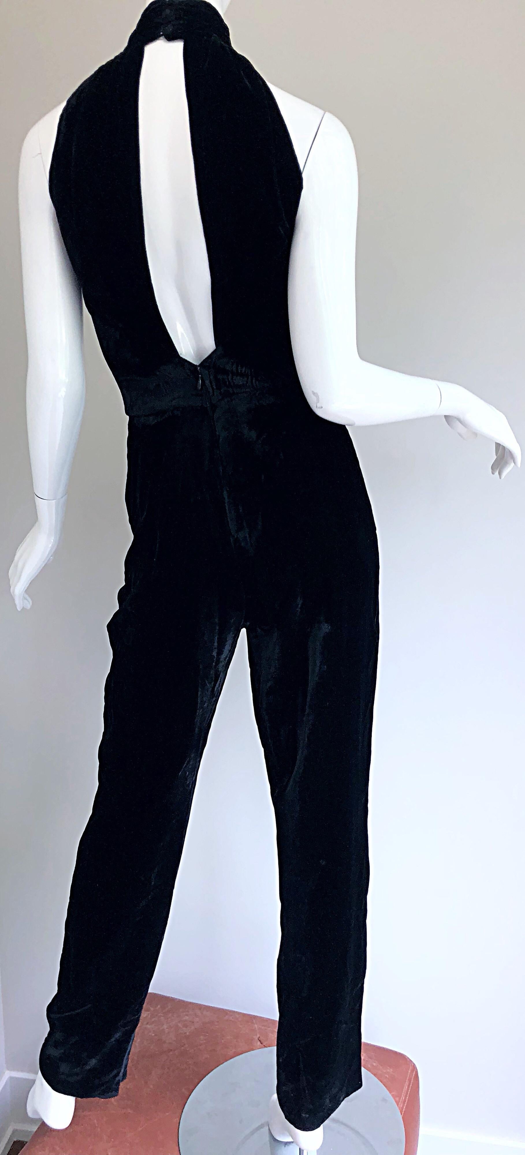 Amazing 1990s Black Silk Velvet Open Back Vintage 90s One Piece Jumpsuit 8