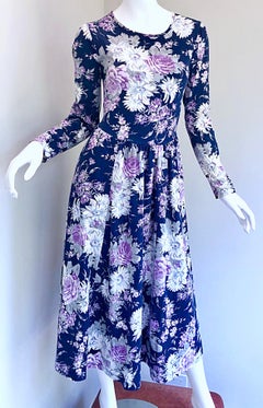 1990s Laura Ashley Navy Blue + Purple Long Sleeve Cotton Vintage 90s Midi Dress