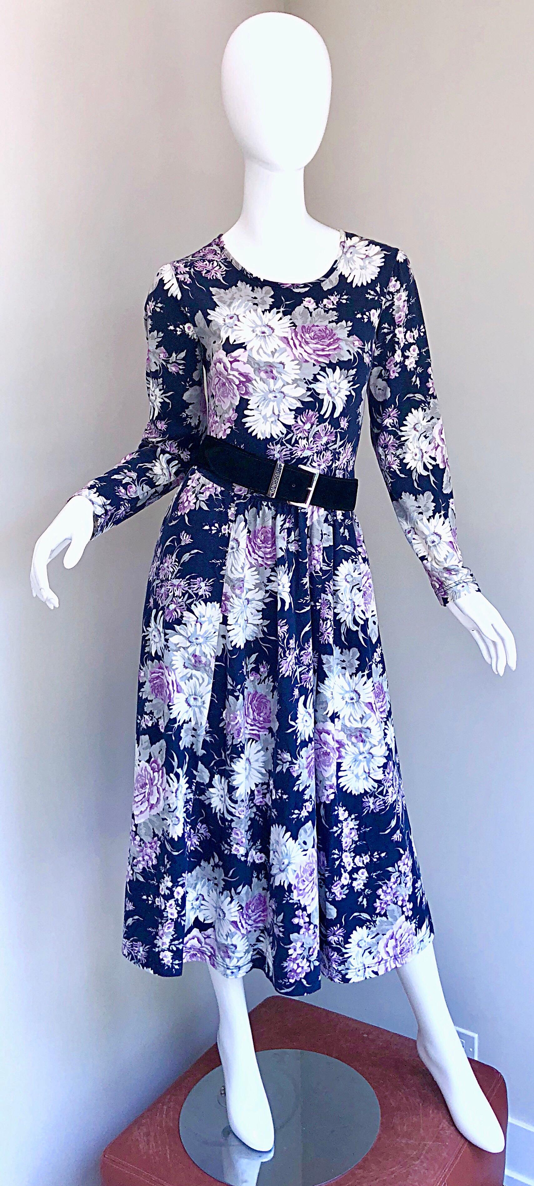 1990s Laura Ashley Navy Blue + Purple Long Sleeve Cotton Vintage 90s Midi Dress In Excellent Condition For Sale In San Diego, CA