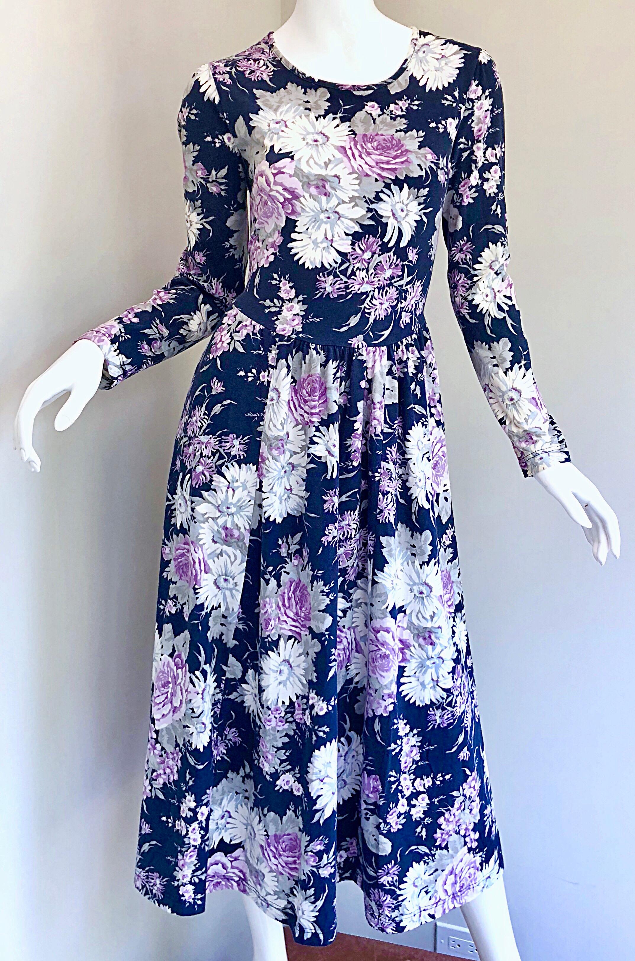 Women's 1990s Laura Ashley Navy Blue + Purple Long Sleeve Cotton Vintage 90s Midi Dress For Sale