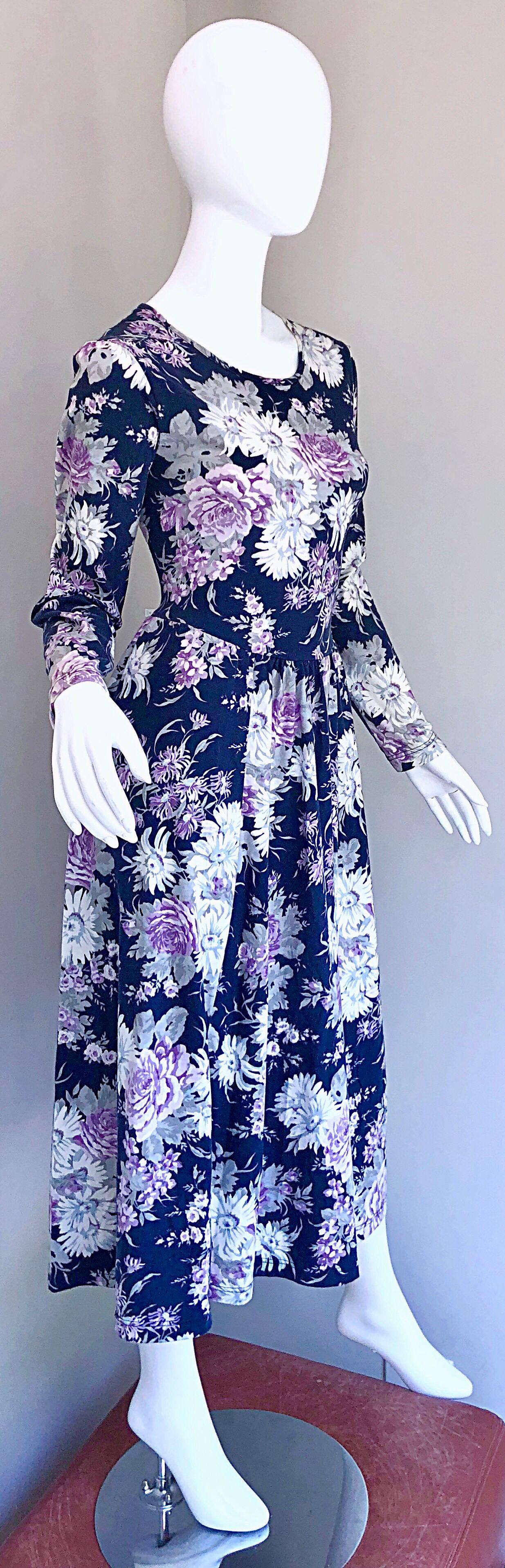 1990s Laura Ashley Navy Blue + Purple Long Sleeve Cotton Vintage 90s Midi Dress For Sale 1
