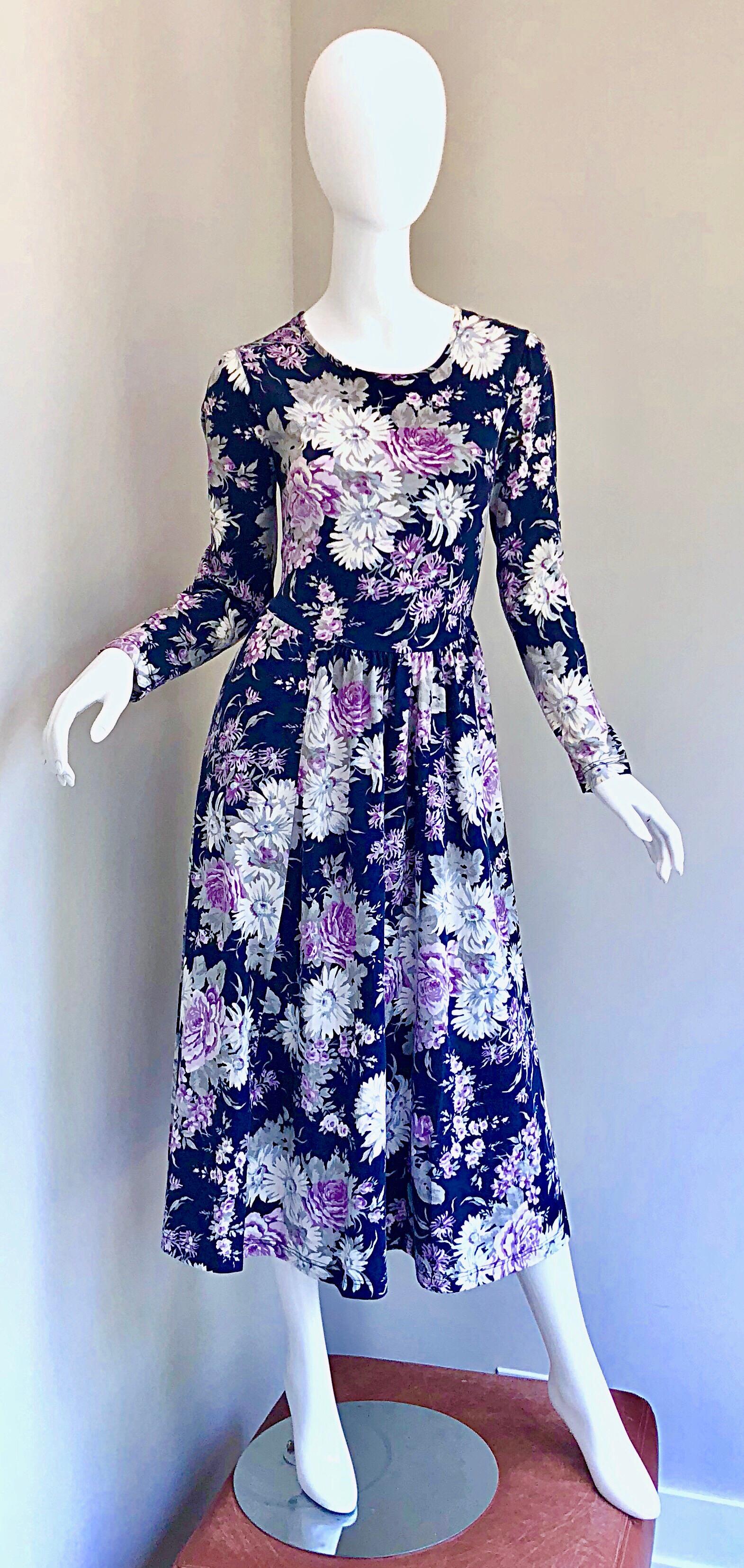 1990s Laura Ashley Navy Blue + Purple Long Sleeve Cotton Vintage 90s Midi Dress For Sale 2