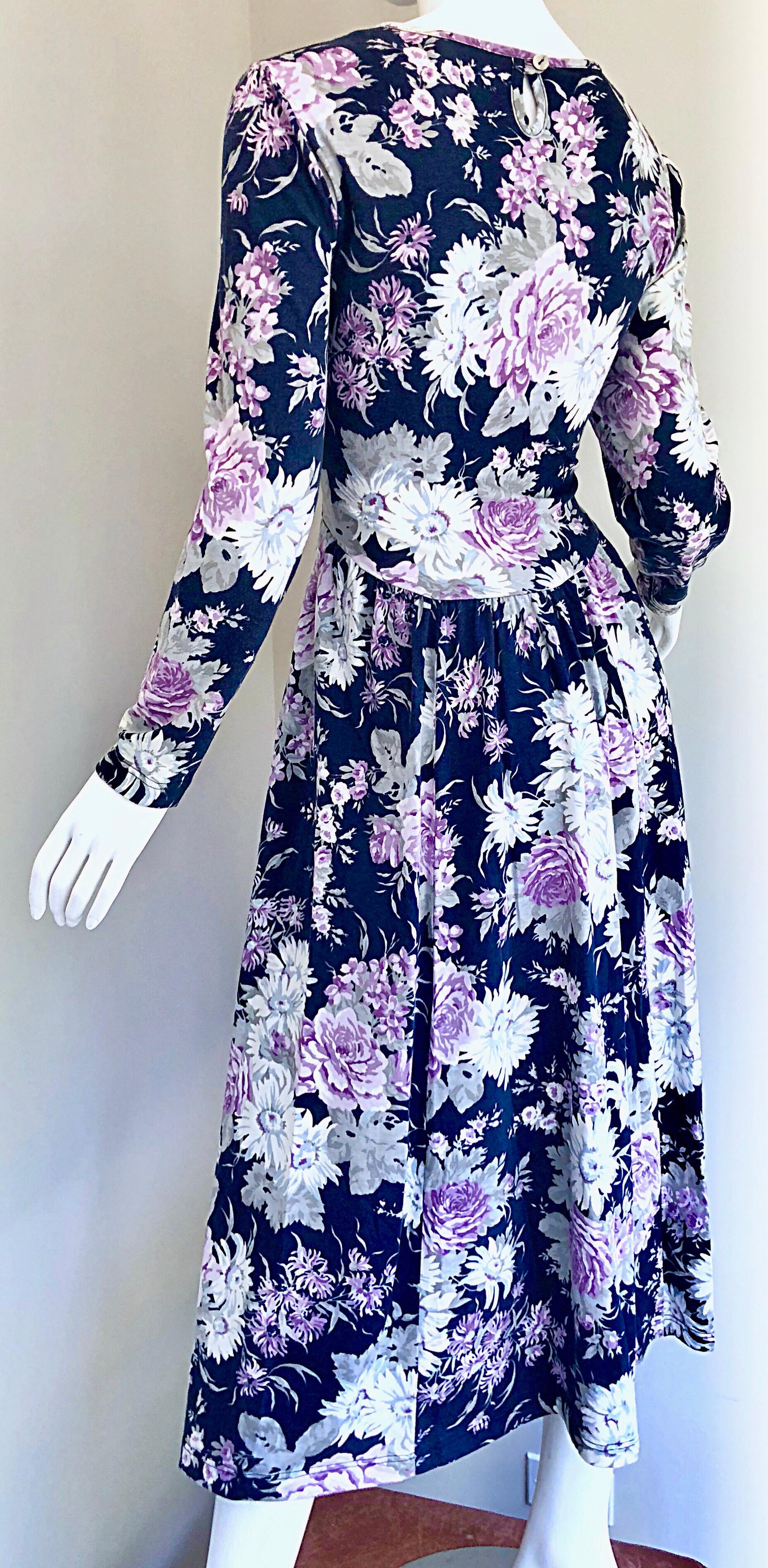 1990s Laura Ashley Navy Blue + Purple Long Sleeve Cotton Vintage 90s Midi Dress For Sale 3