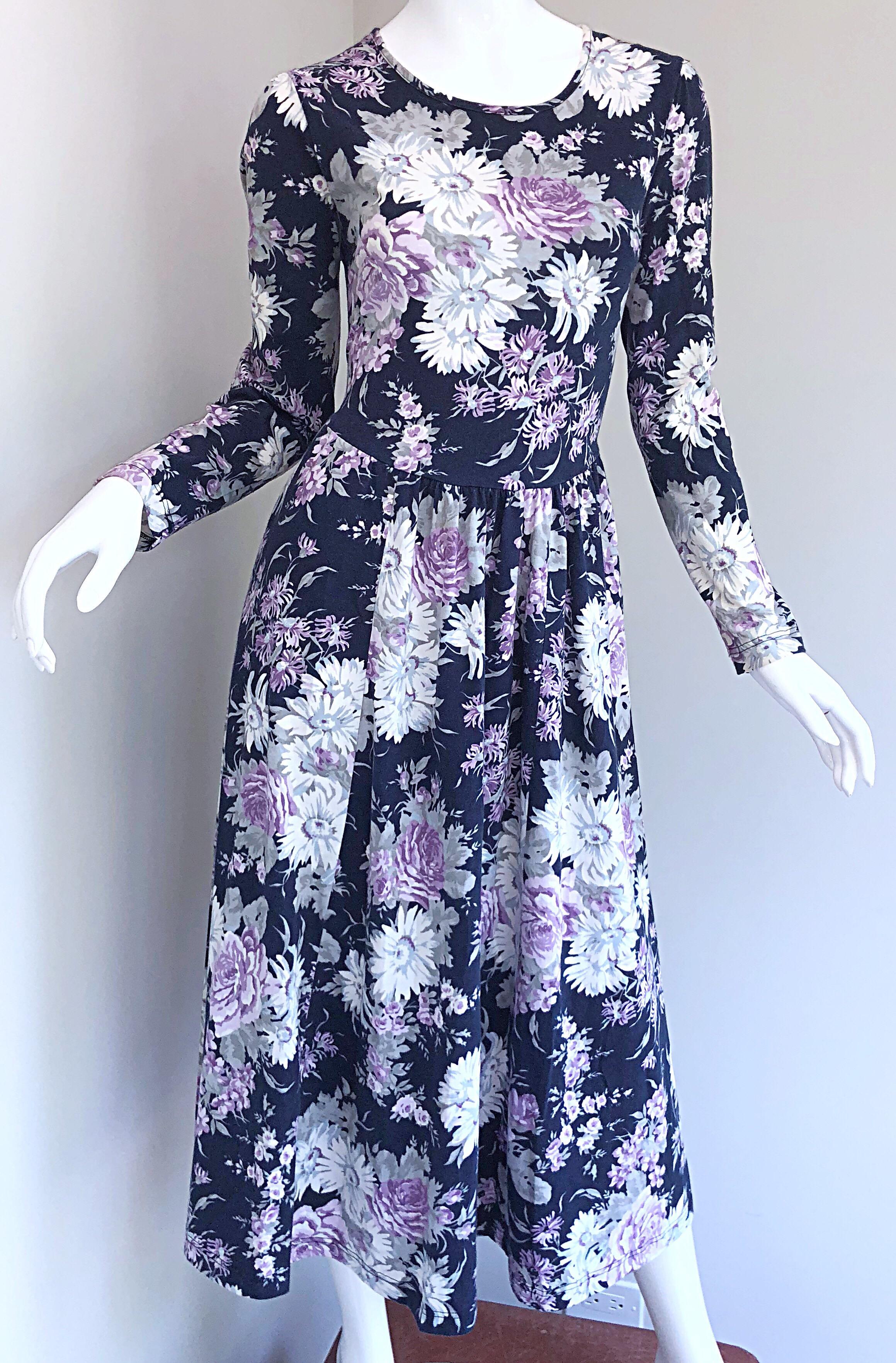 1990s Laura Ashley Navy Blue + Purple Long Sleeve Cotton Vintage 90s Midi Dress For Sale 4
