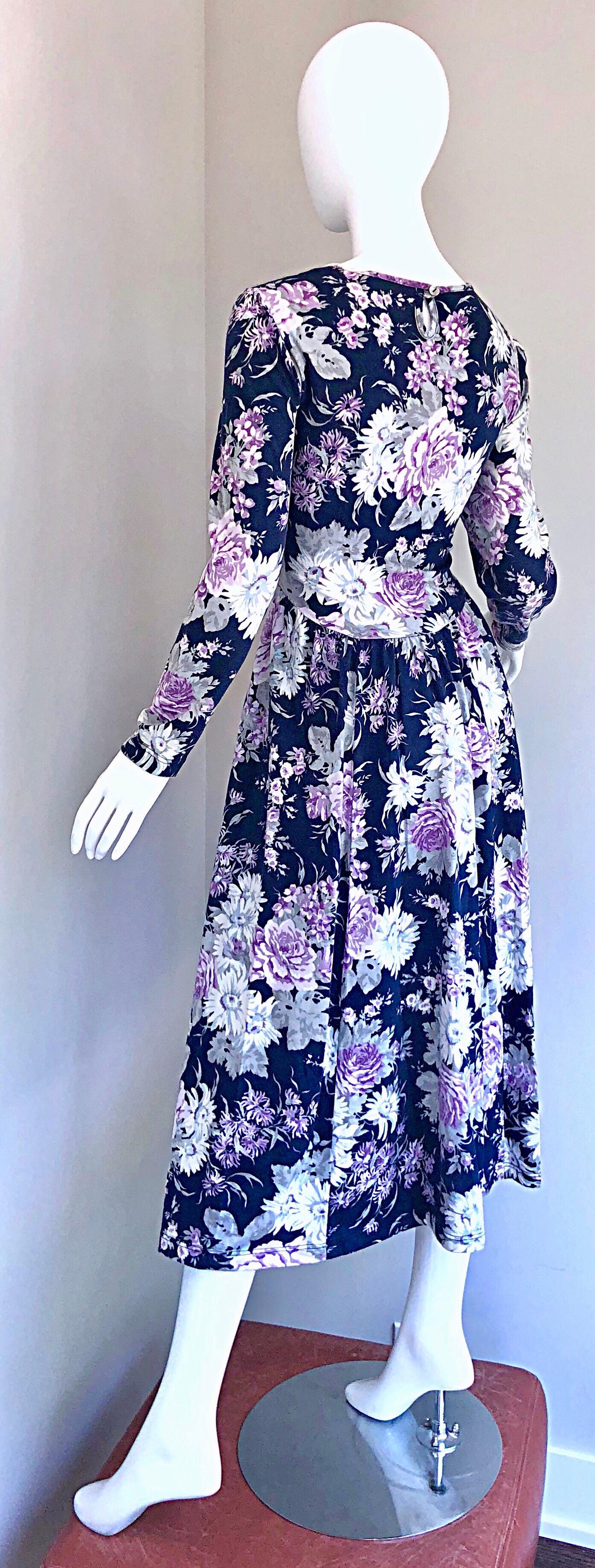 1990s Laura Ashley Navy Blue + Purple Long Sleeve Cotton Vintage 90s Midi Dress For Sale 5