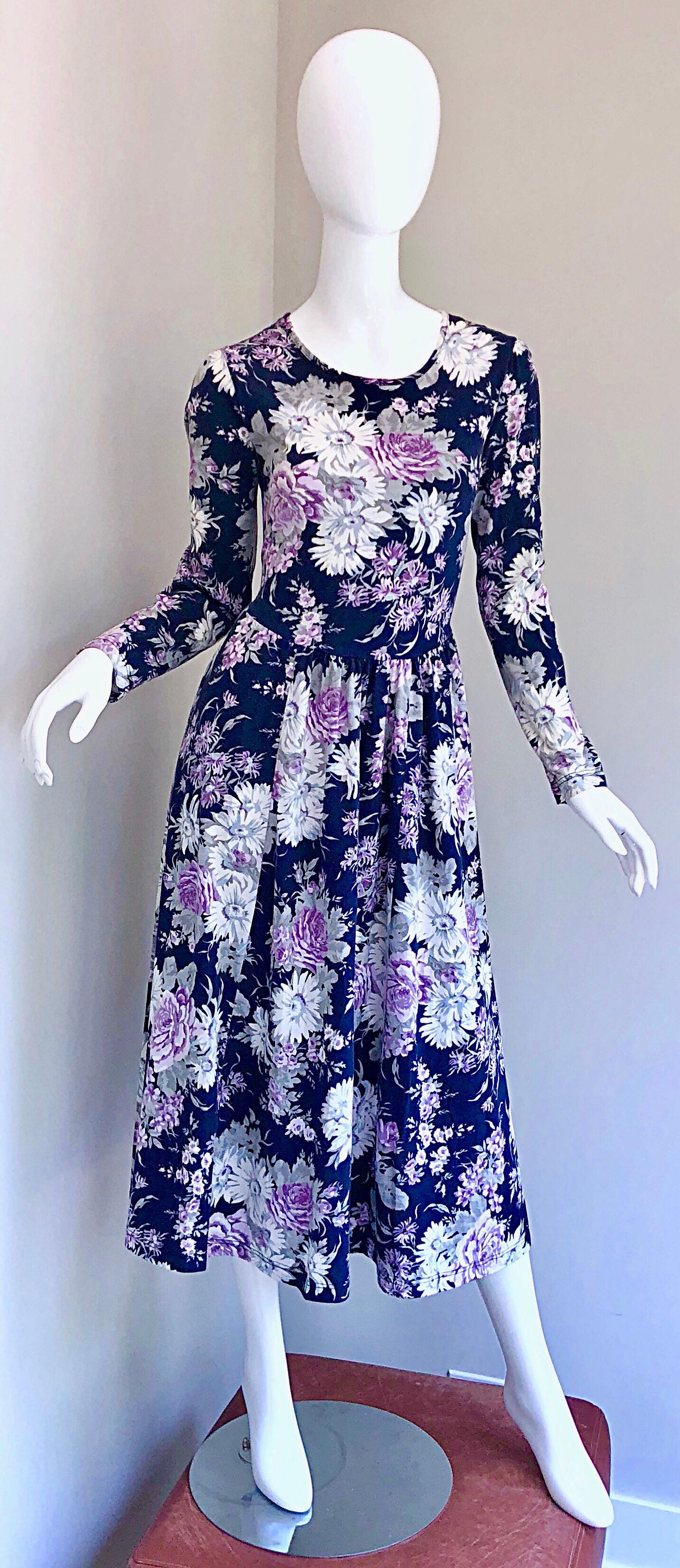 1990s Laura Ashley Navy Blue + Purple Long Sleeve Cotton Vintage 90s Midi Dress For Sale 6