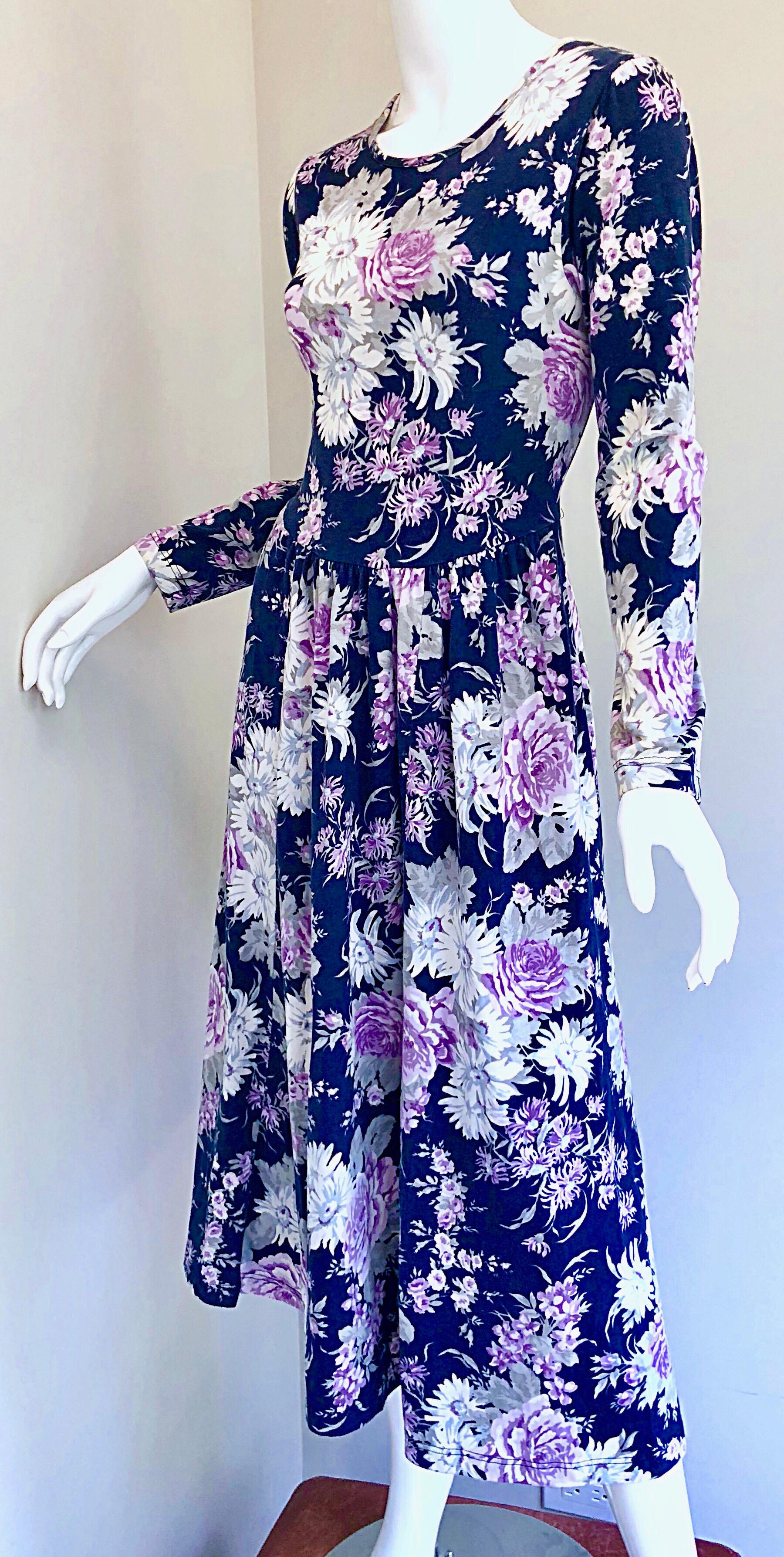 1990s Laura Ashley Navy Blue + Purple Long Sleeve Cotton Vintage 90s Midi Dress For Sale 7