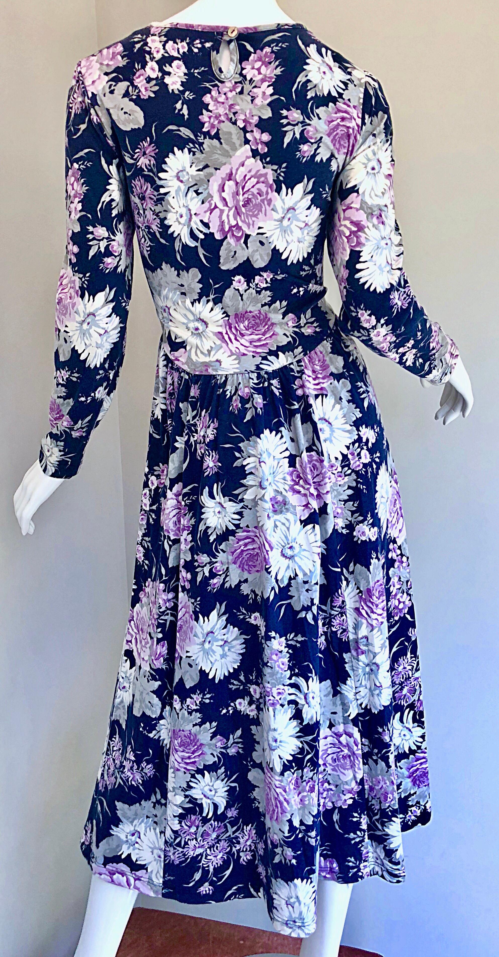 1990s Laura Ashley Navy Blue + Purple Long Sleeve Cotton Vintage 90s Midi Dress For Sale 8