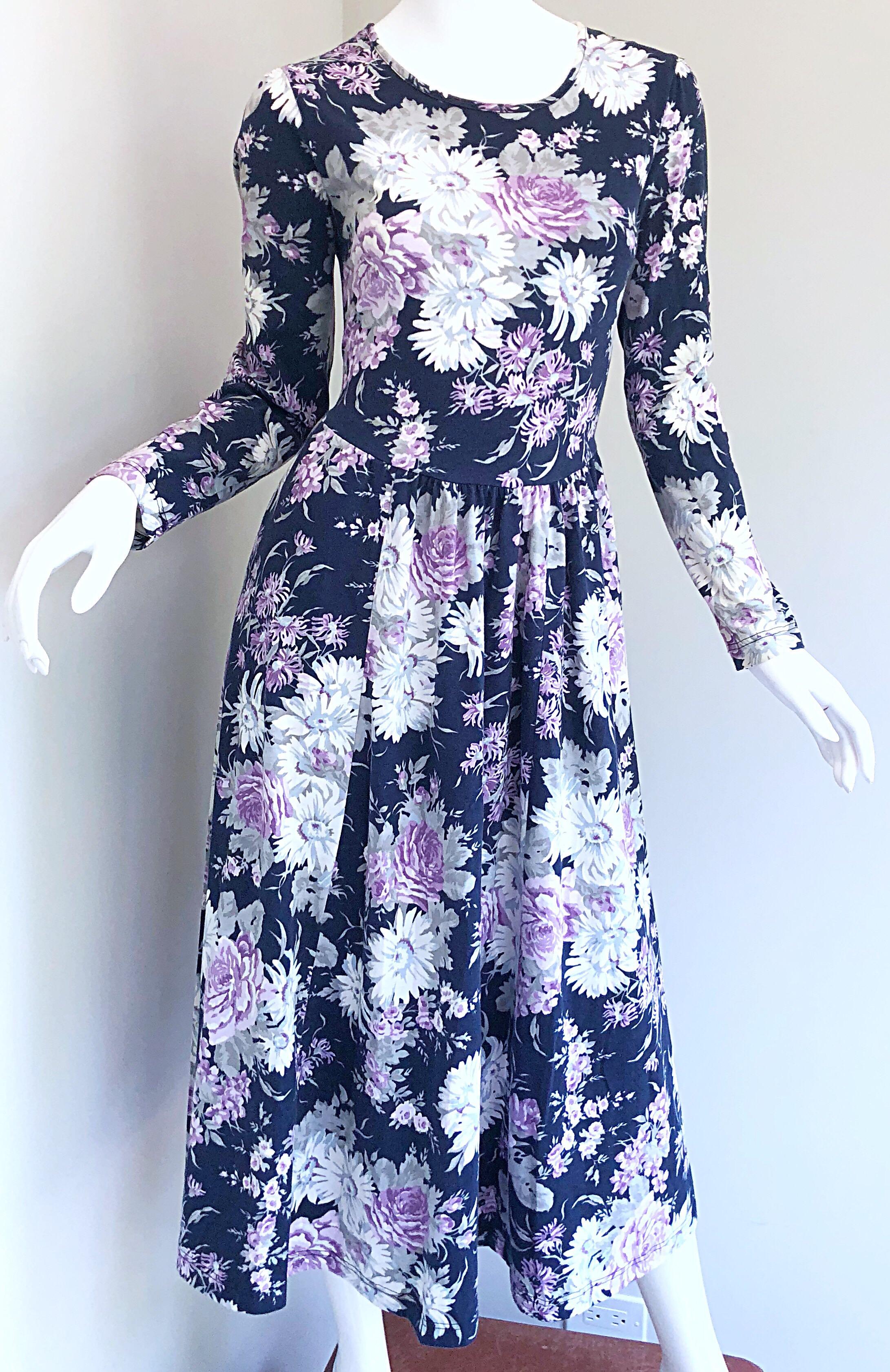 1990s Laura Ashley Navy Blue + Purple Long Sleeve Cotton Vintage 90s Midi Dress For Sale 9