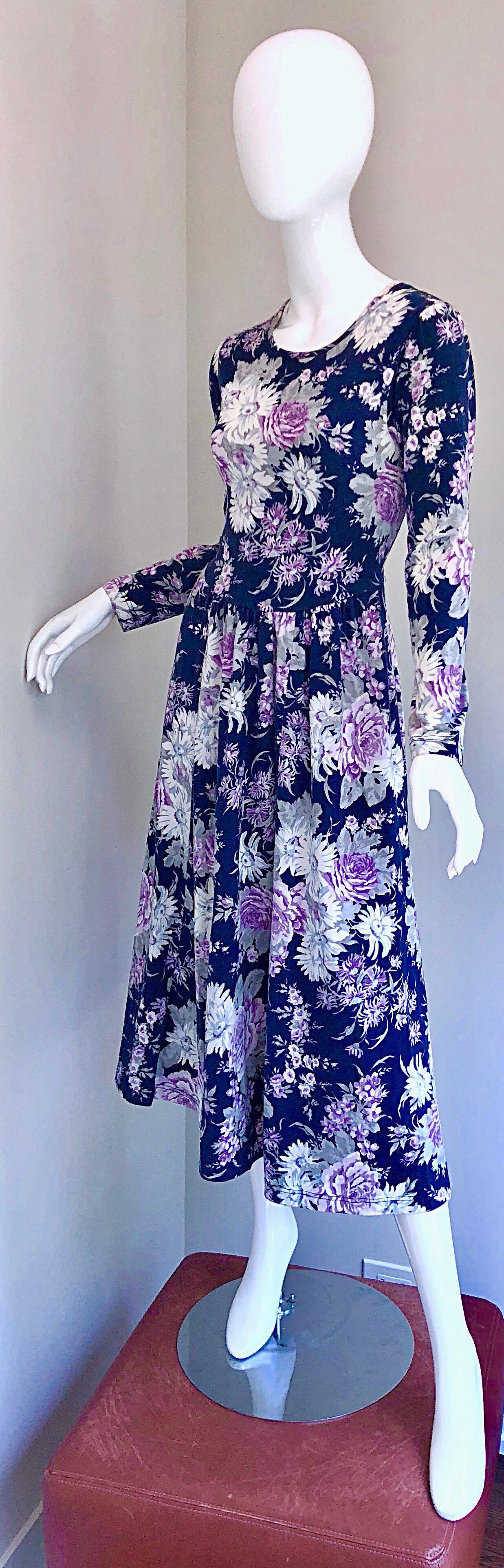 1990s Laura Ashley Navy Blue + Purple Long Sleeve Cotton Vintage 90s Midi Dress For Sale 10