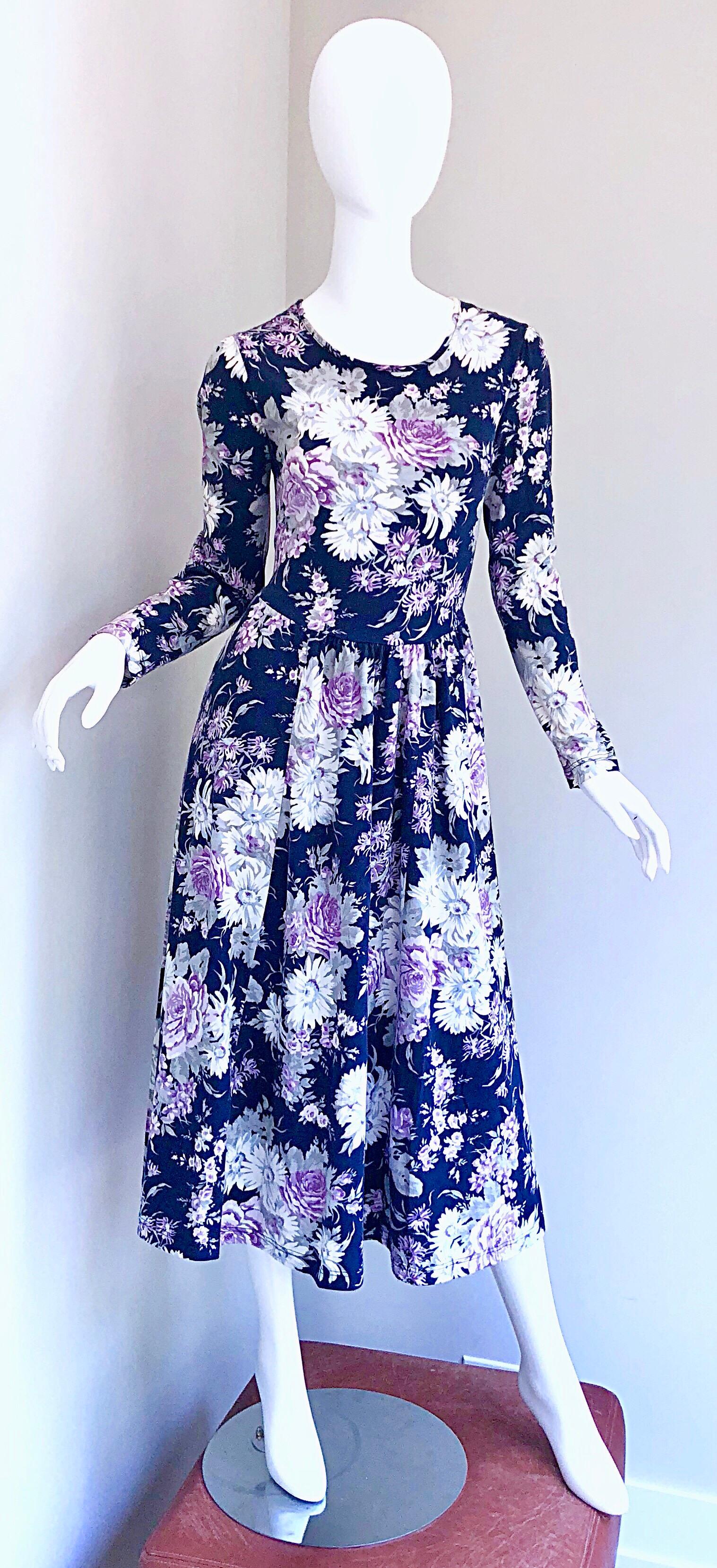 1990s Laura Ashley Navy Blue + Purple Long Sleeve Cotton Vintage 90s Midi Dress For Sale 11