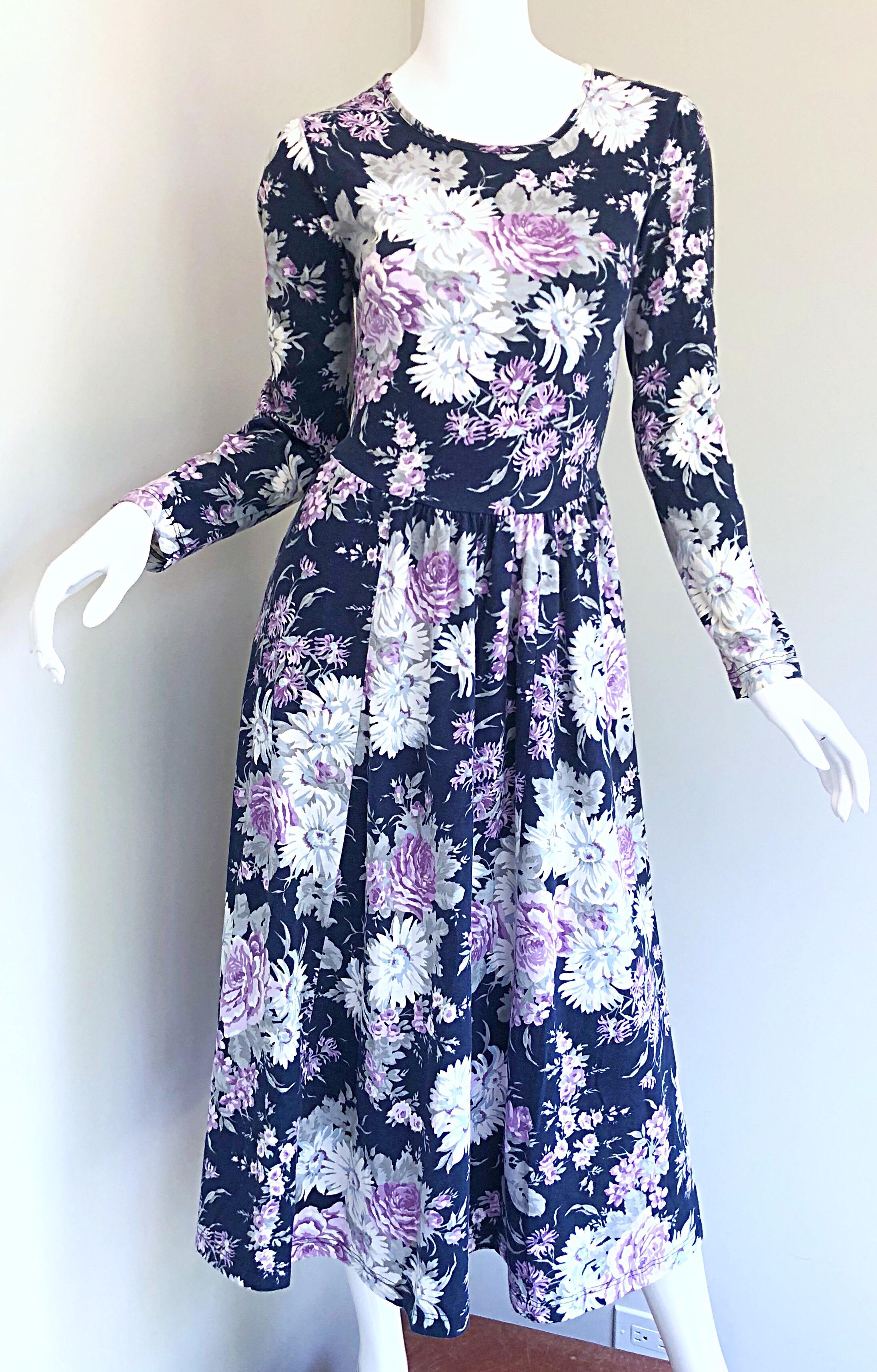 1990s Laura Ashley Navy Blue + Purple Long Sleeve Cotton Vintage 90s Midi Dress For Sale 12