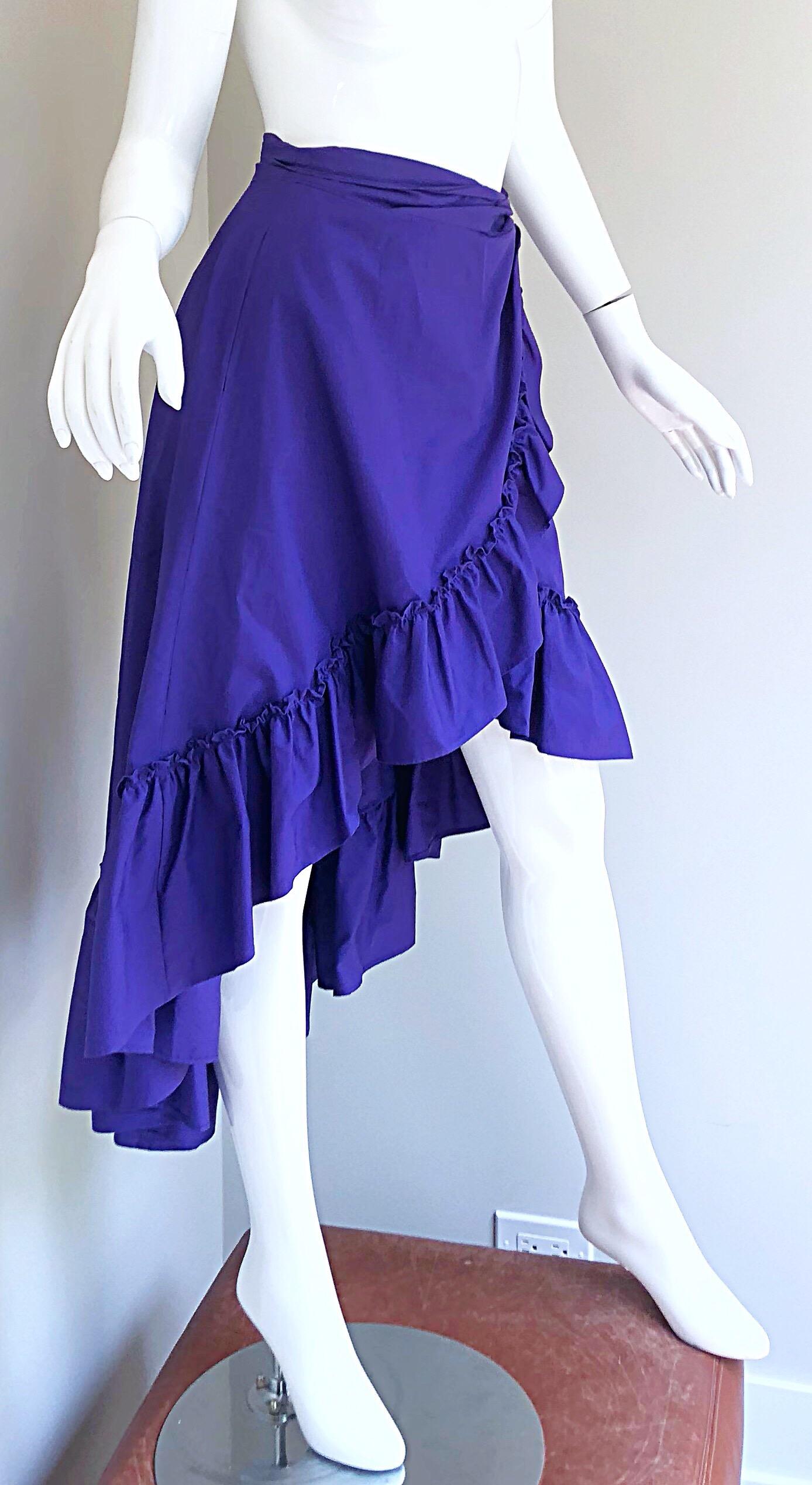 1980s Emmanuelle Khanh Purple Vintage Cotton Hi - Lo Flamenco Wrap Skirt In Excellent Condition For Sale In San Diego, CA