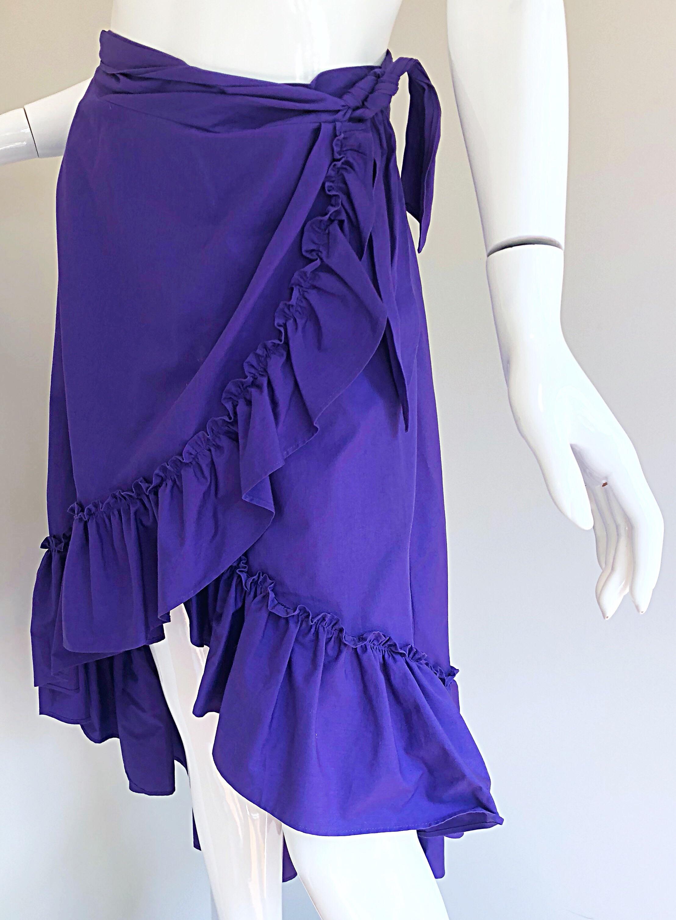 Women's 1980s Emmanuelle Khanh Purple Vintage Cotton Hi - Lo Flamenco Wrap Skirt For Sale