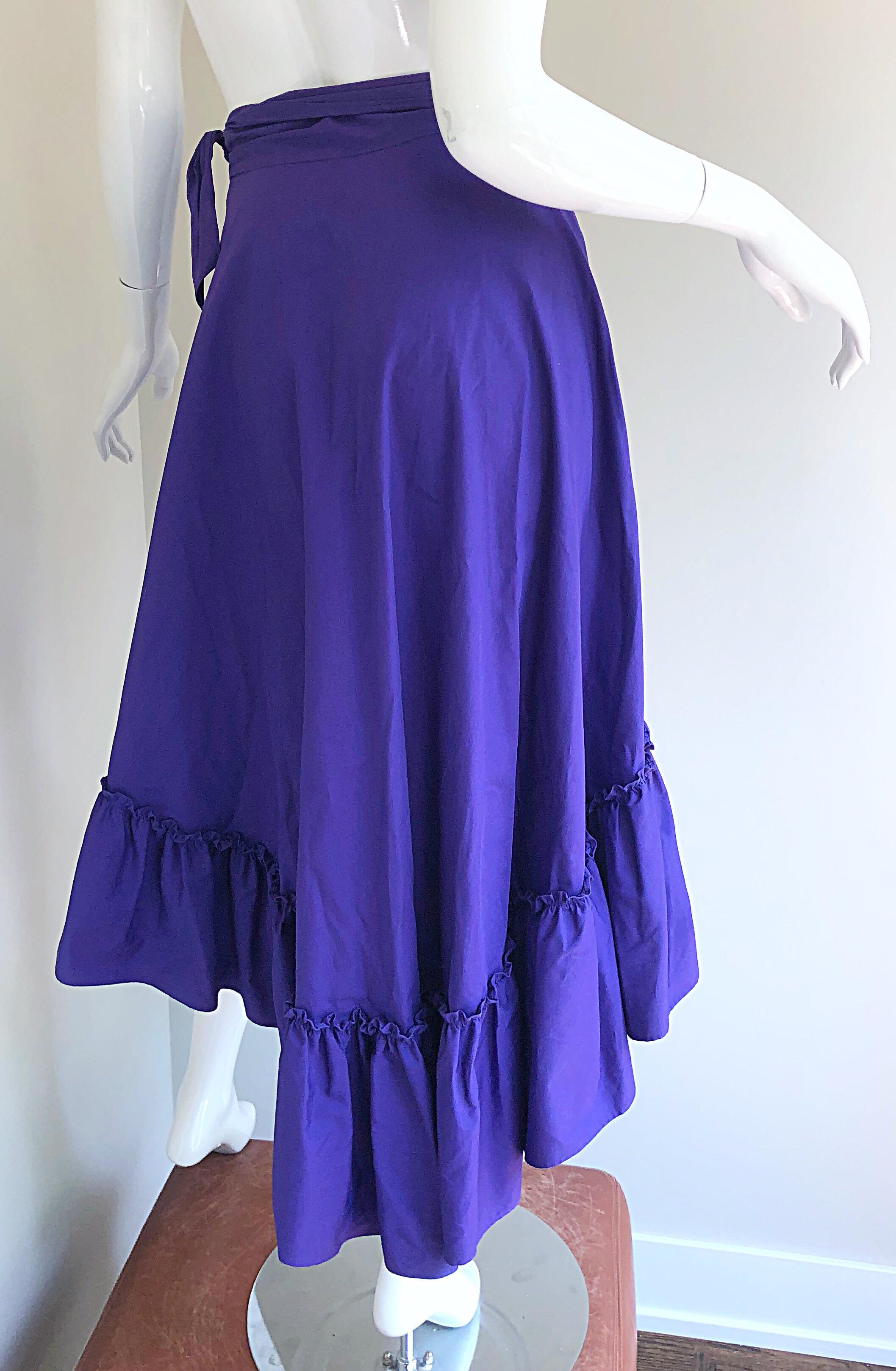1980s Emmanuelle Khanh Purple Vintage Cotton Hi - Lo Flamenco Wrap Skirt For Sale 1