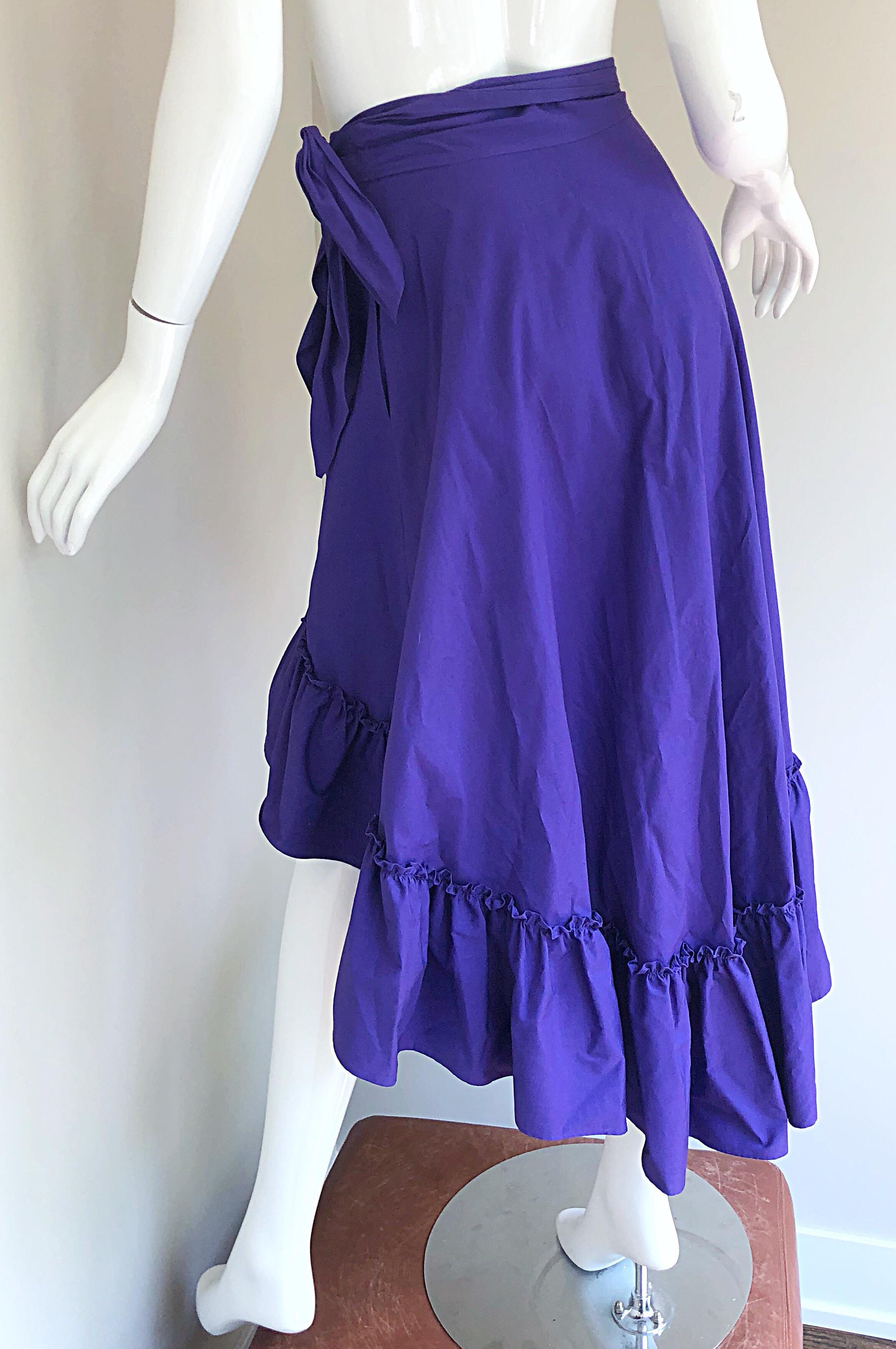 1980s Emmanuelle Khanh Purple Vintage Cotton Hi - Lo Flamenco Wrap Skirt For Sale 2
