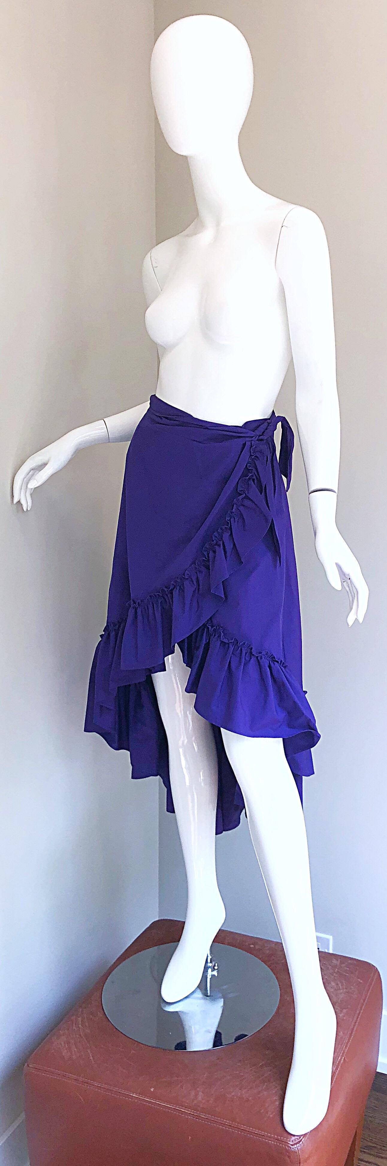 1980s Emmanuelle Khanh Purple Vintage Cotton Hi - Lo Flamenco Wrap Skirt For Sale 3