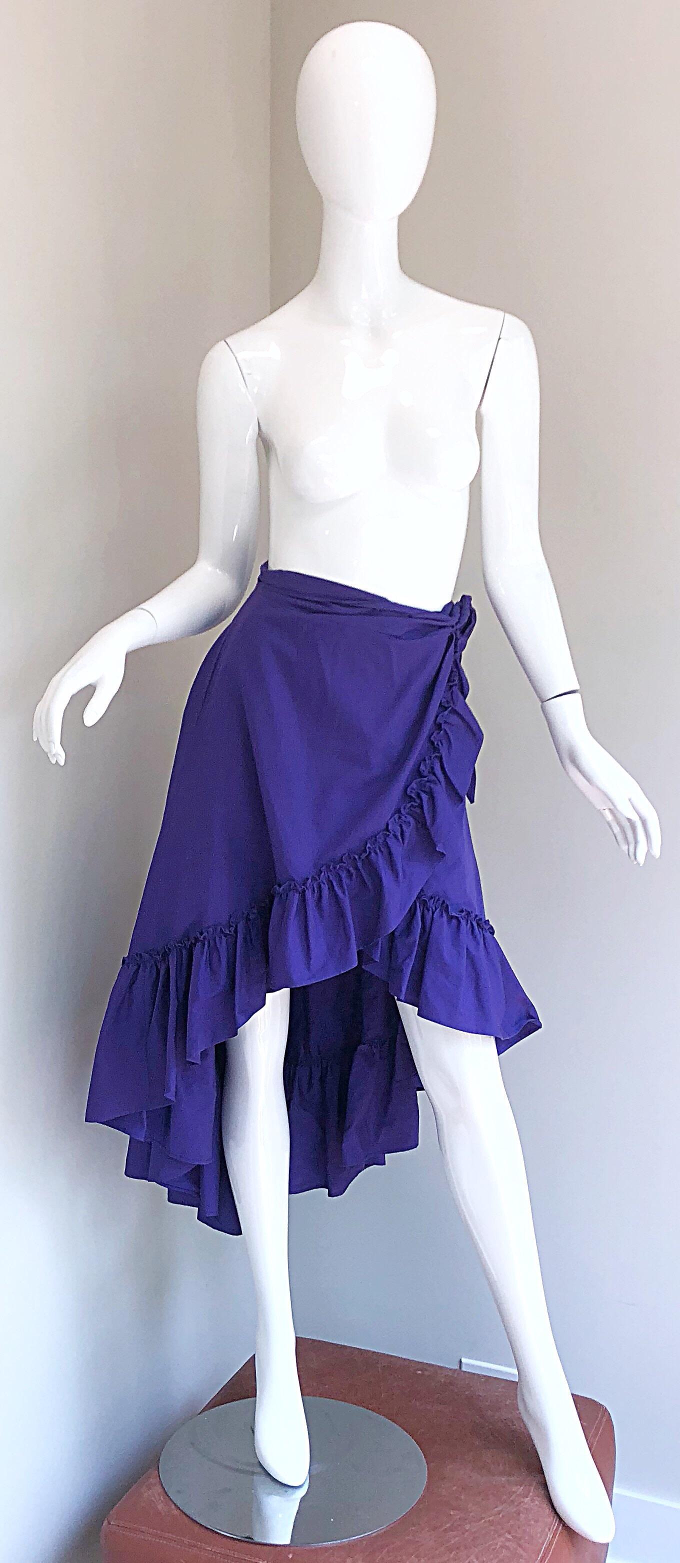 1980s Emmanuelle Khanh Purple Vintage Cotton Hi - Lo Flamenco Wrap Skirt For Sale 4