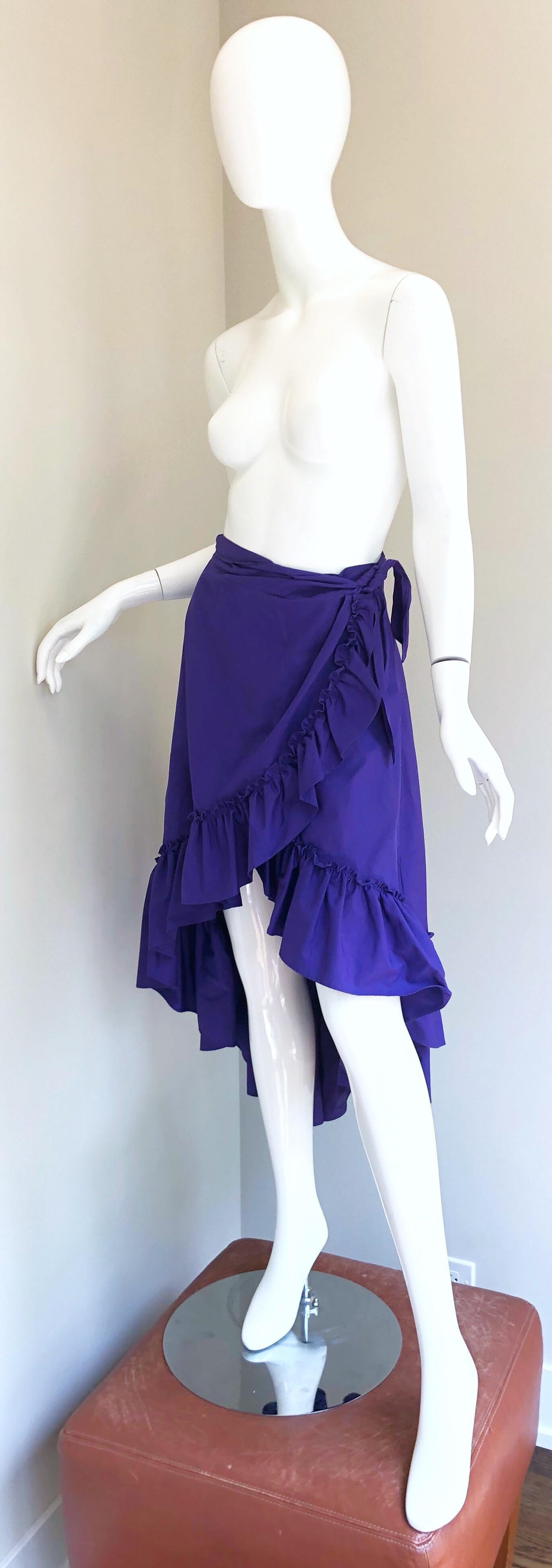 1980s Emmanuelle Khanh Purple Vintage Cotton Hi - Lo Flamenco Wrap Skirt For Sale 5