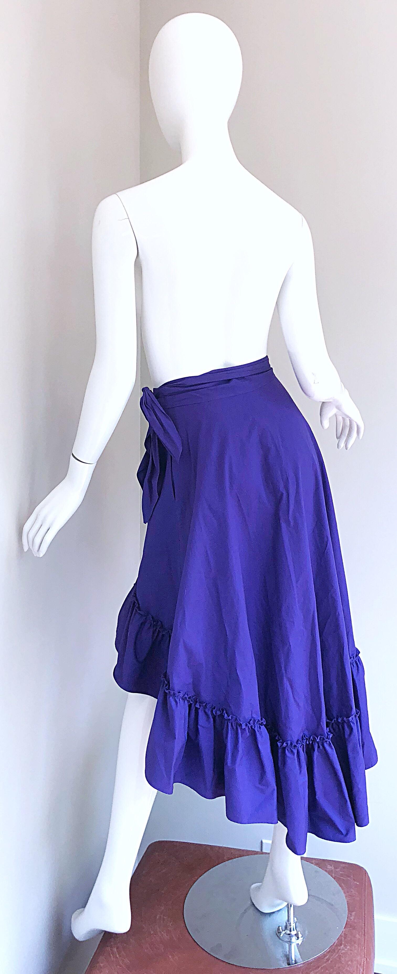1980s Emmanuelle Khanh Purple Vintage Cotton Hi - Lo Flamenco Wrap Skirt For Sale 6
