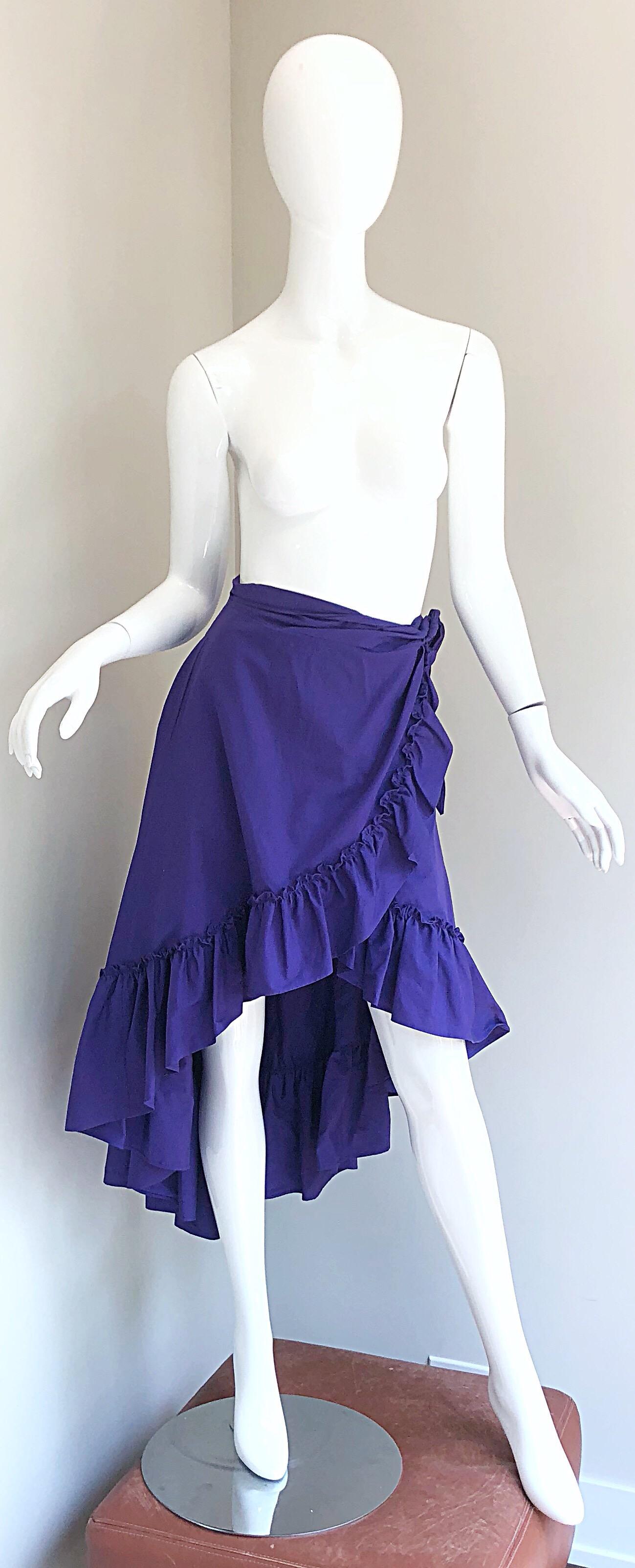 1980s Emmanuelle Khanh Purple Vintage Cotton Hi - Lo Flamenco Wrap Skirt For Sale 7