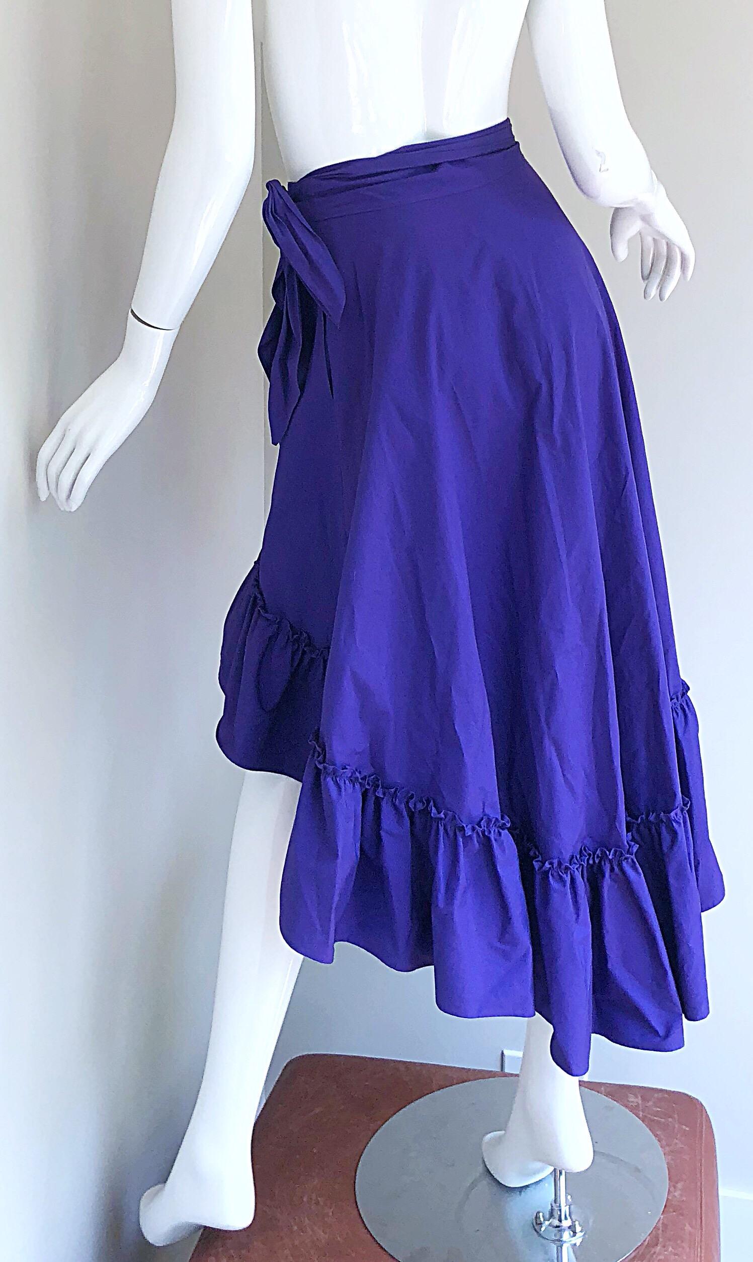 1980s Emmanuelle Khanh Purple Vintage Cotton Hi - Lo Flamenco Wrap Skirt For Sale 8