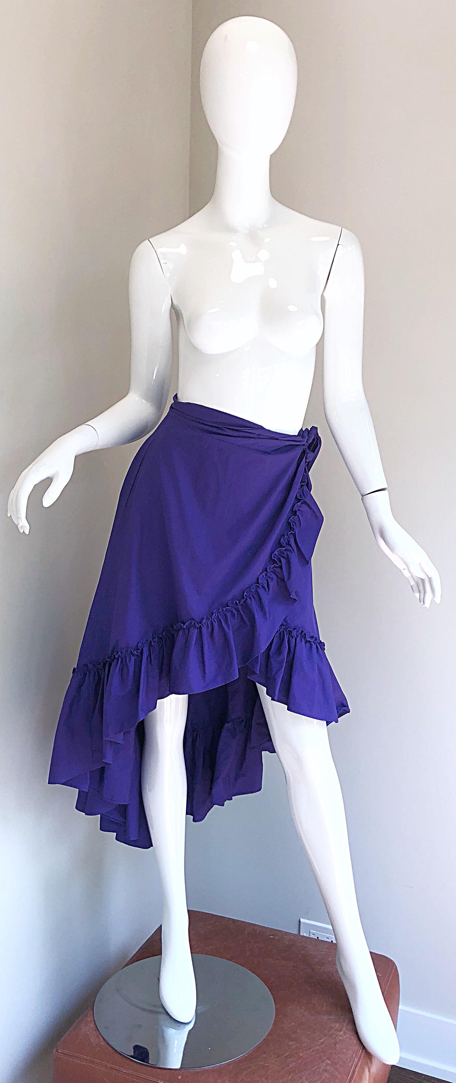 1980s Emmanuelle Khanh Purple Vintage Cotton Hi - Lo Flamenco Wrap Skirt For Sale 9