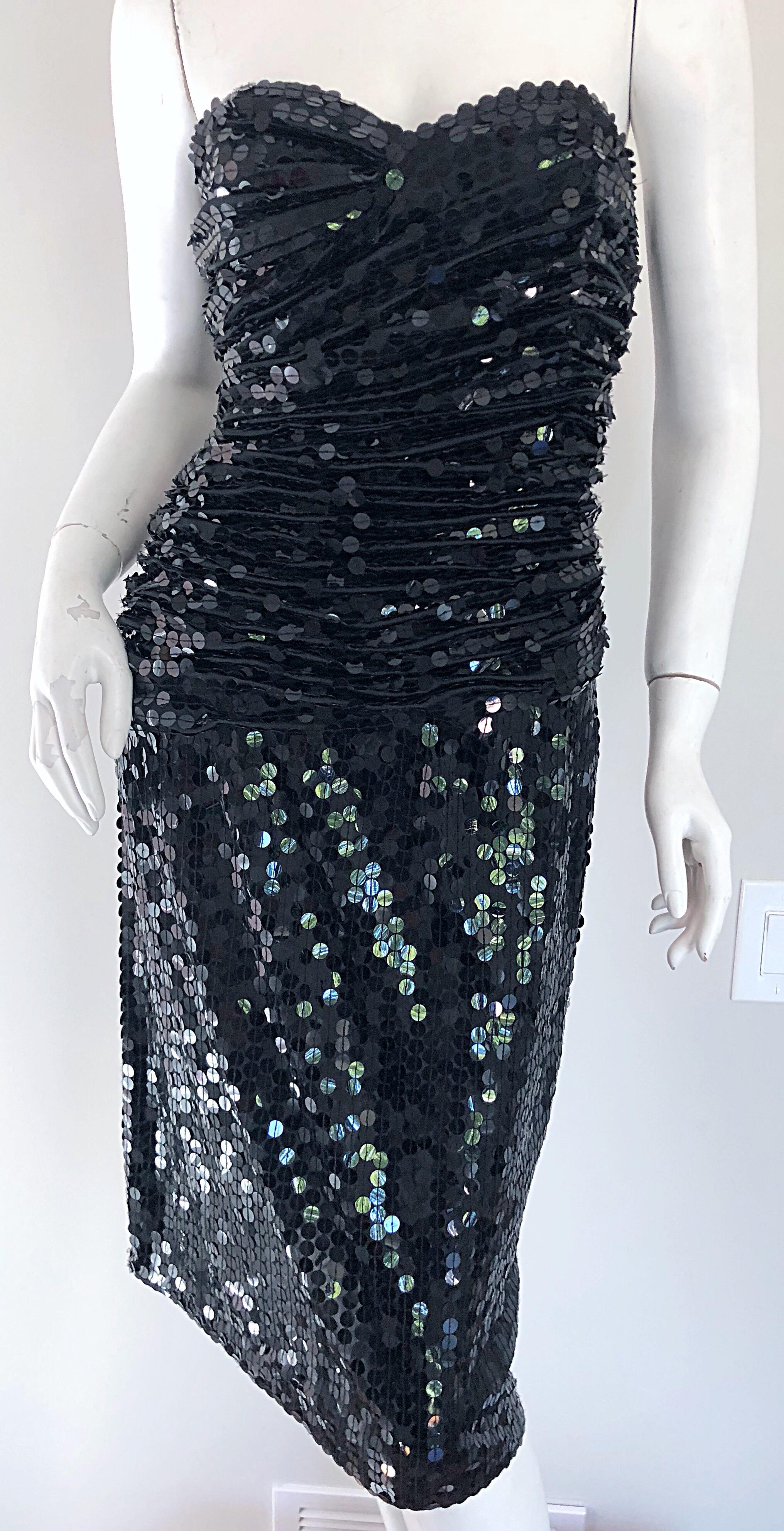 1980s Vicky Tiel Couture Black Vintage  Silk Sequined Strapless Cocktail Dress In Excellent Condition For Sale In San Diego, CA