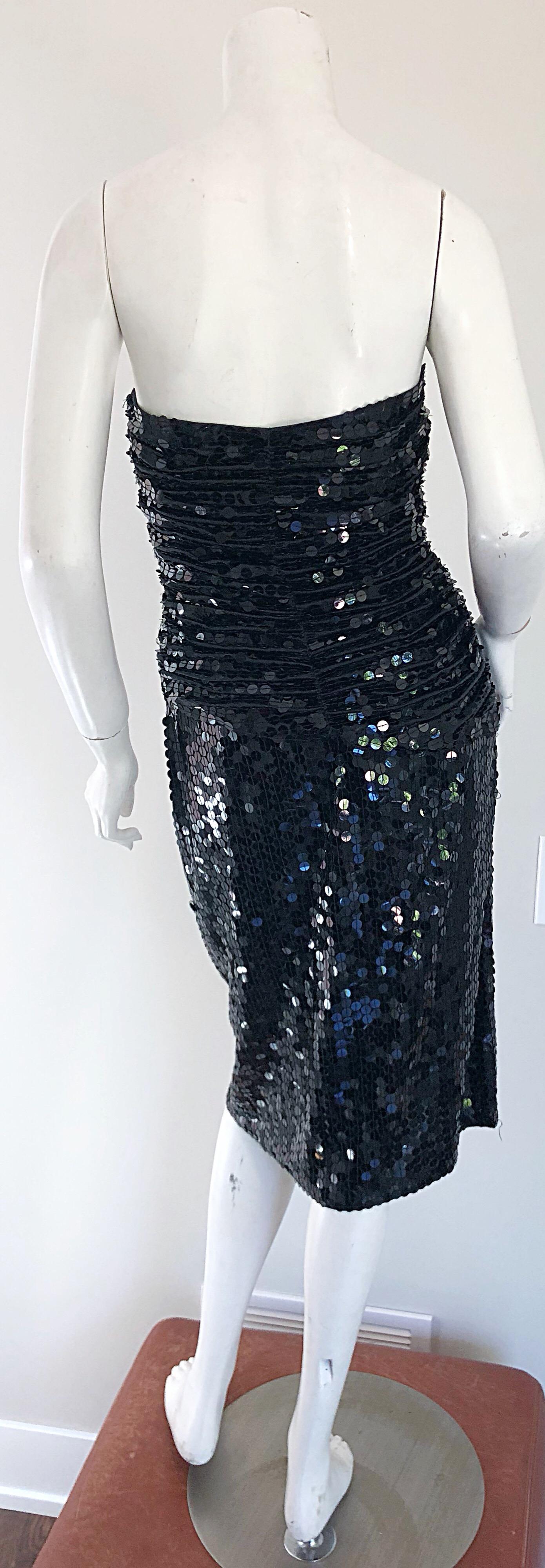 Women's 1980s Vicky Tiel Couture Black Vintage  Silk Sequined Strapless Cocktail Dress For Sale