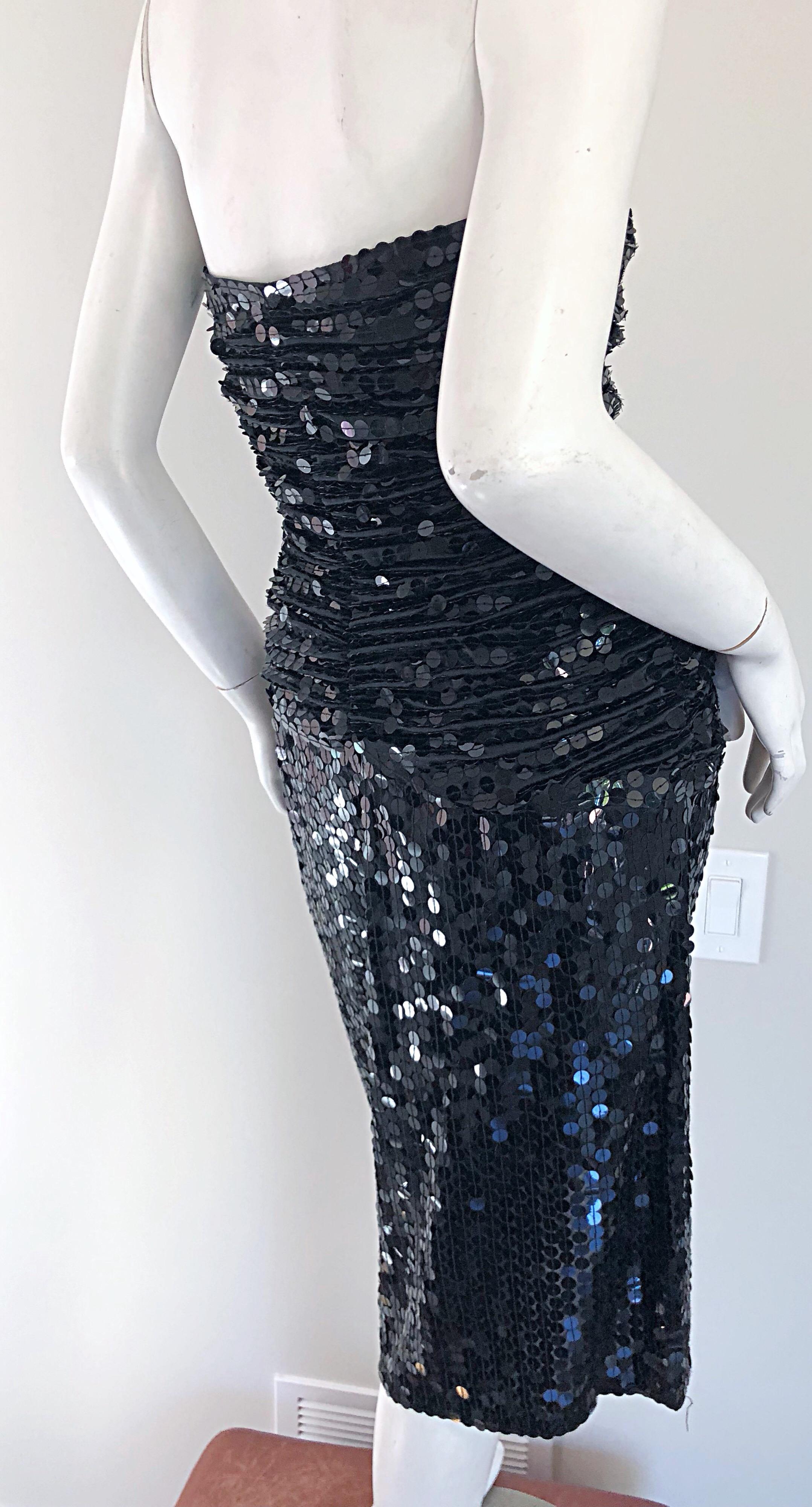 1980s Vicky Tiel Couture Black Vintage  Silk Sequined Strapless Cocktail Dress For Sale 1