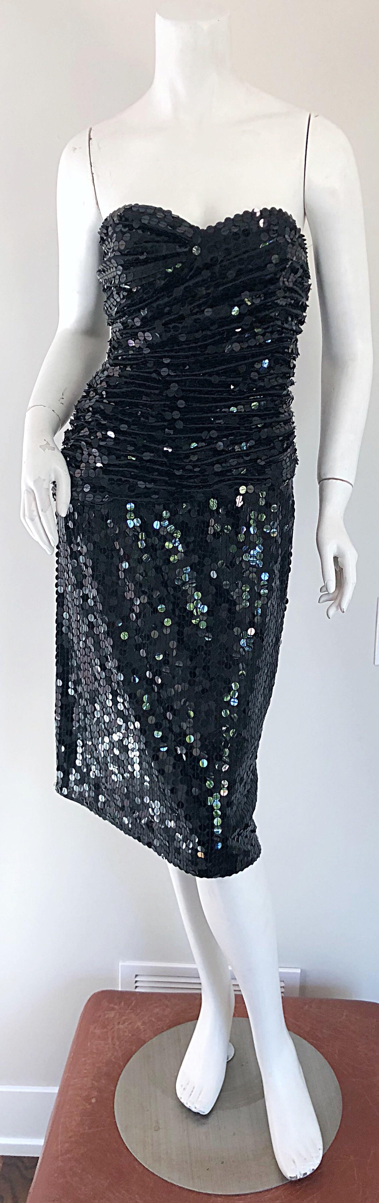 1980s Vicky Tiel Couture Black Vintage  Silk Sequined Strapless Cocktail Dress For Sale 3