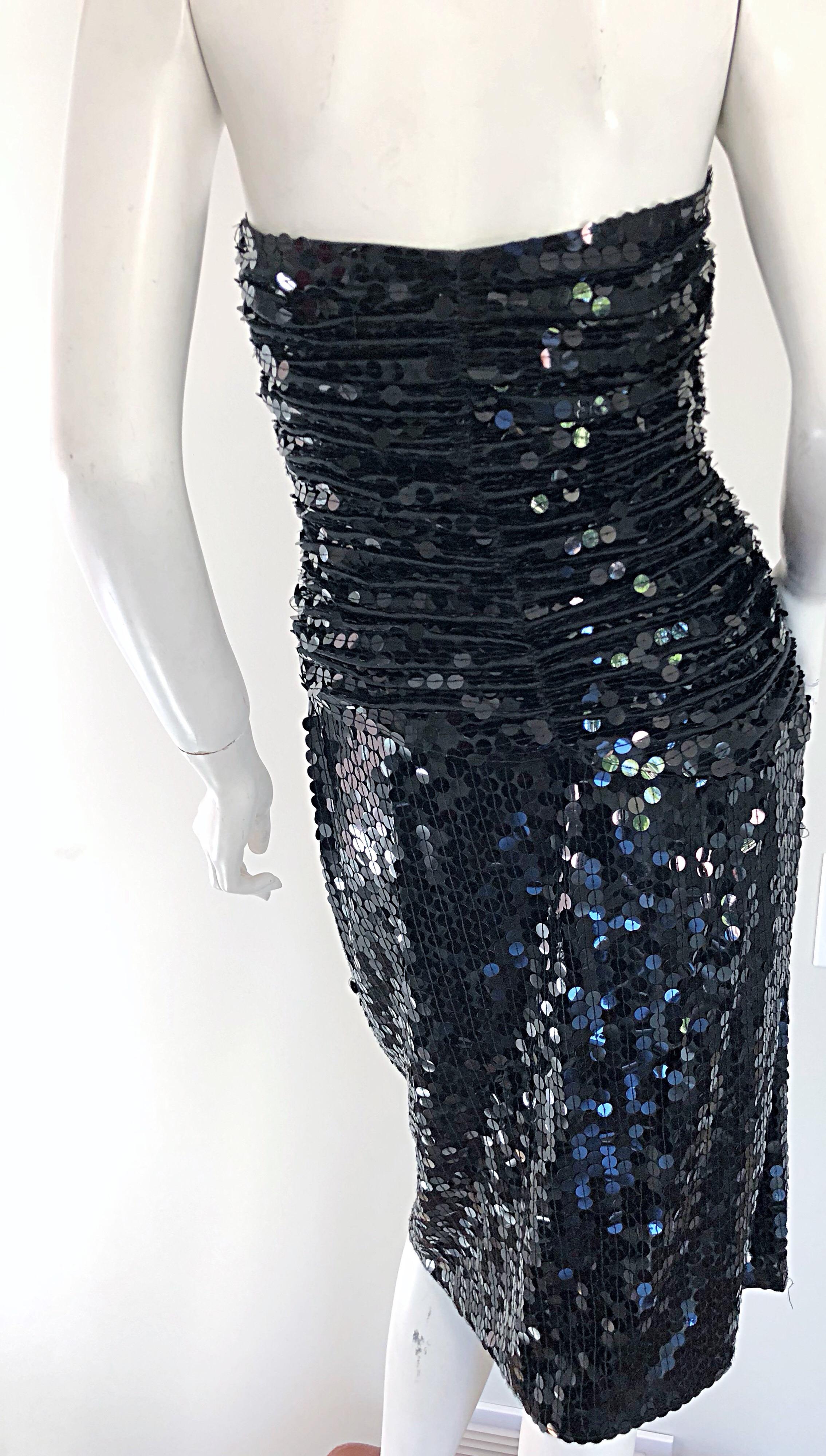 1980s Vicky Tiel Couture Black Vintage  Silk Sequined Strapless Cocktail Dress For Sale 4