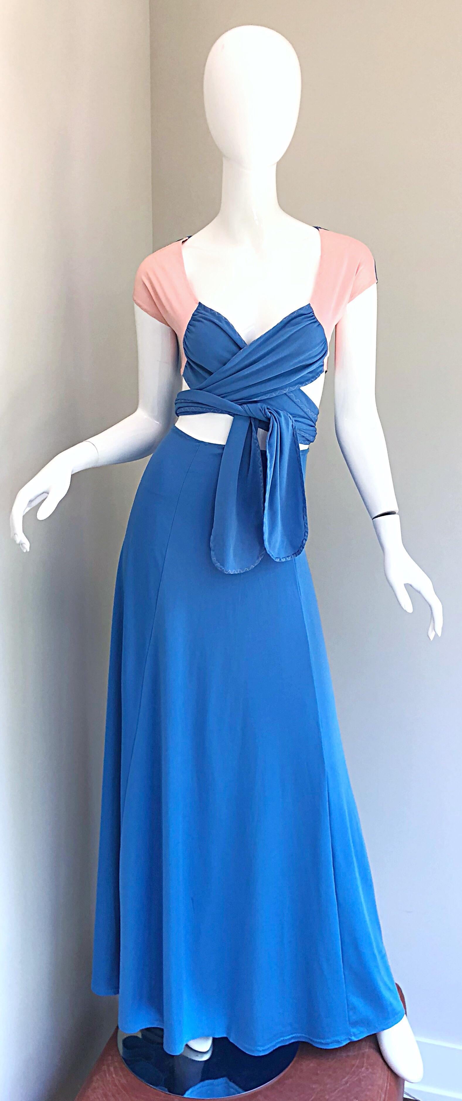 Amazing 70s M BASSEL blue and pale pink cropped top and maxi skirt! Features a flattering stretch jersey wrap crop top that can either be tied in the front or back. Skirt features an elastic waistband to stretch to fit. Both pieces great together or
