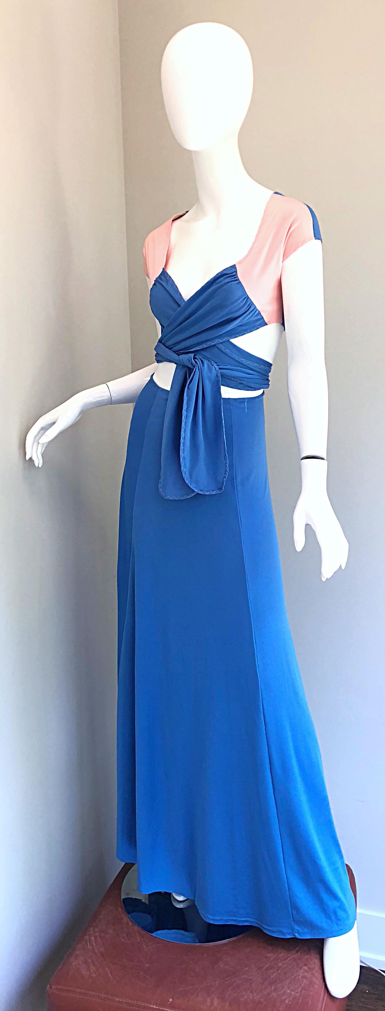 1970s M. Bassel Blue + Light Pink Vintage Wrap Crop Top Shirt and Maxi Skirt In Excellent Condition For Sale In San Diego, CA