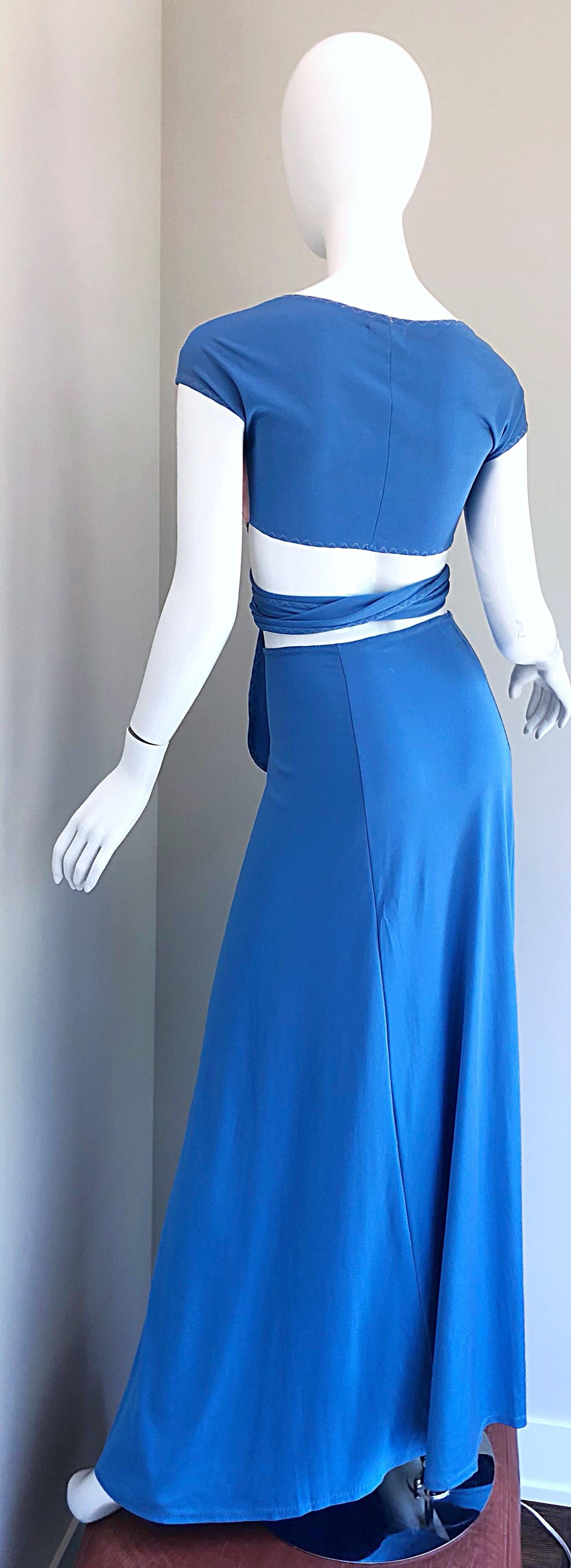 Women's 1970s M. Bassel Blue + Light Pink Vintage Wrap Crop Top Shirt and Maxi Skirt For Sale